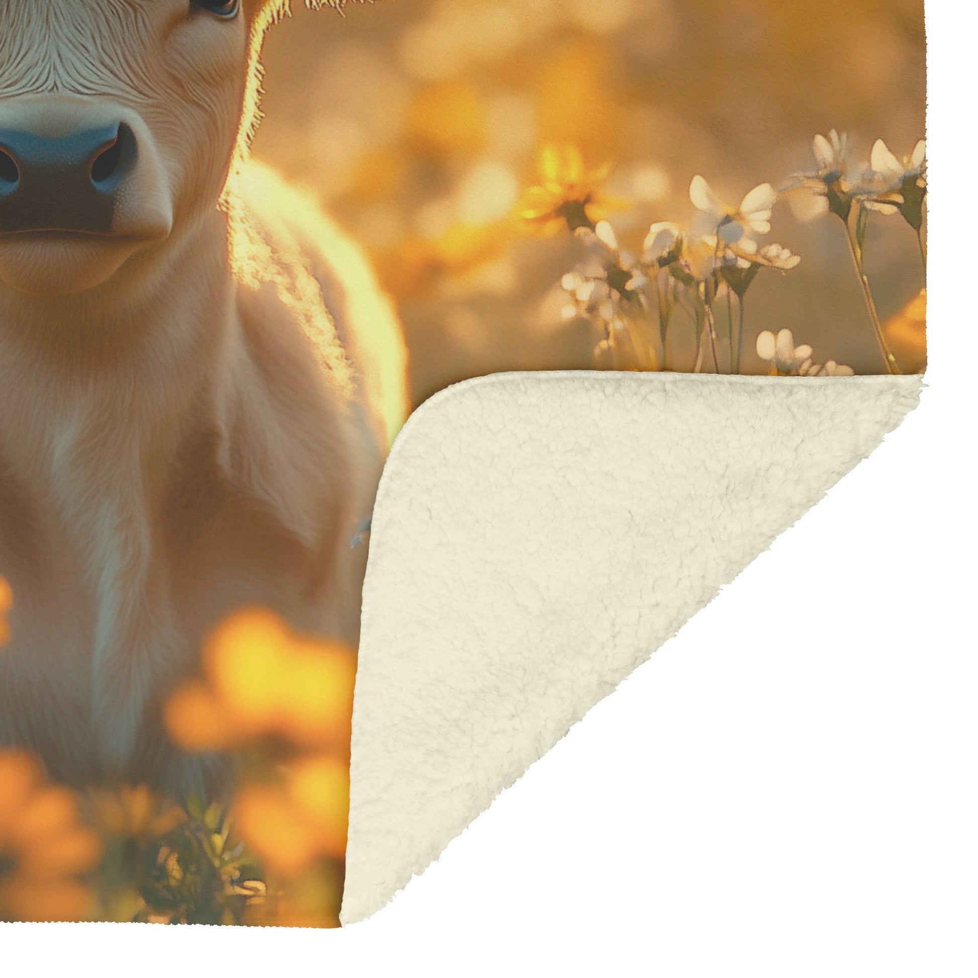 Calf in Blooming Wildflower Field Sherpa Fleece Blanket Glowing Morning Mist Serene Vibrant Natural Scene - Awakening Righteousness