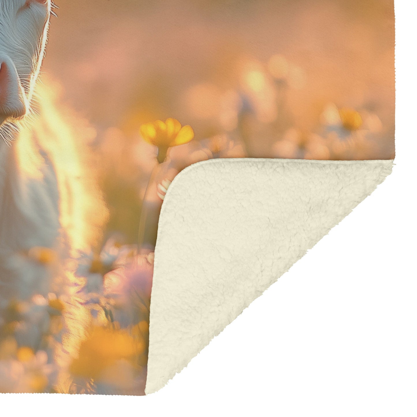 Calf in Blooming Wildflower Field Sherpa Fleece Blanket Glowing Morning Mist Serene Vibrant Natural Scene - Awakening Righteousness