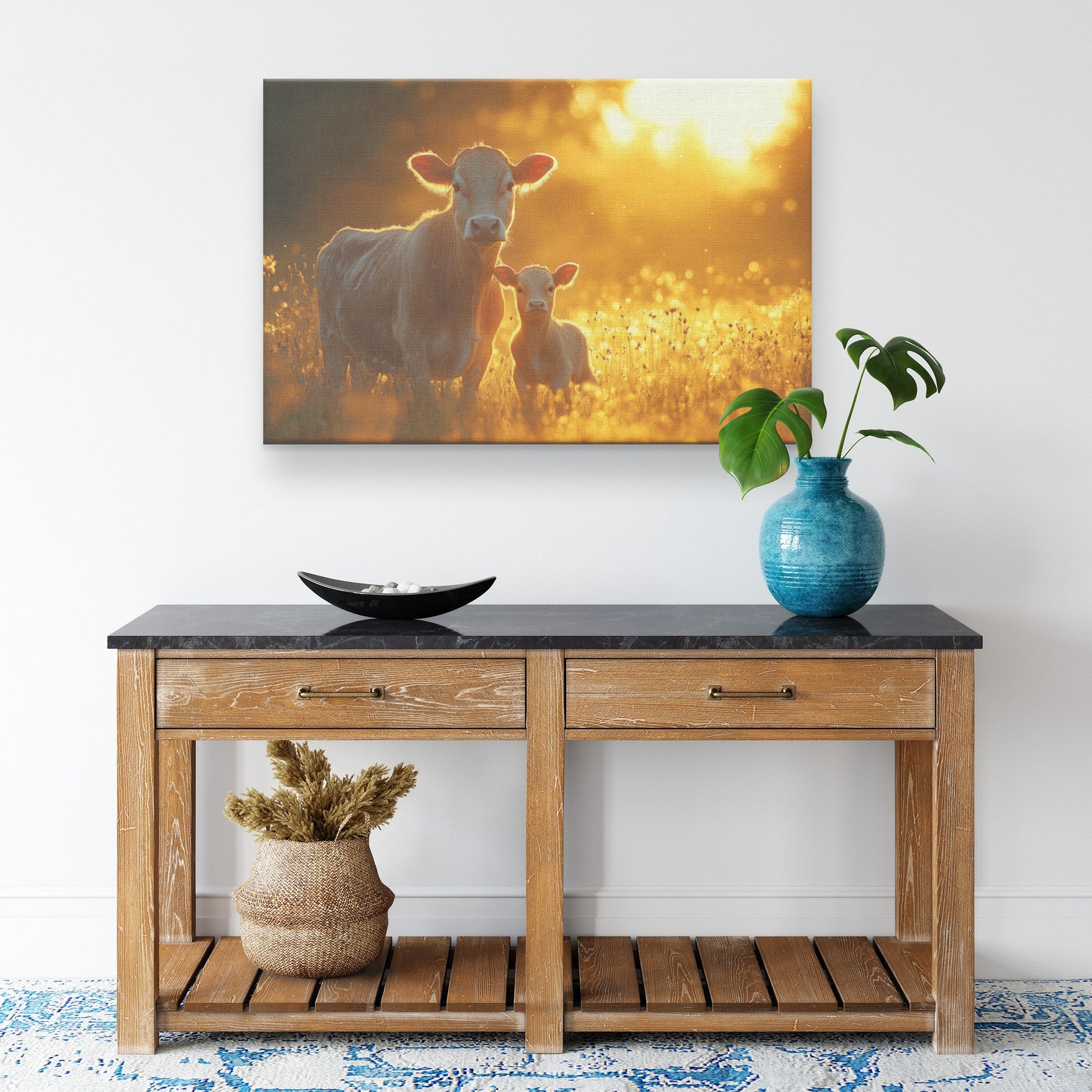Calf Standing Beside Mother in Glowing Sunlit Pasture Surrounded by Tall Grass and Soft Golden Light Canvas Wall Art - Awakening Righteousness