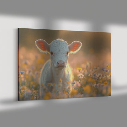 Calf Standing in Blooming Field of Wildflowers Surrounded by Glowing Morning Mist Canvas Wall Art Decor - Awakening Righteousness