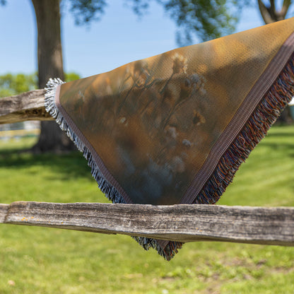 Calf Standing in Blooming Field of Wildflowers Surrounded by Soft Glowing Morning Mist Serene and Vibrant Woven Throw Blanket - Awakening Righteousness