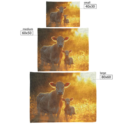 Calf with Mother in Sunlit Pasture Sherpa Fleece Blanket Glowing Light Tall Grass Peaceful Countryside Scene - Awakening Righteousness