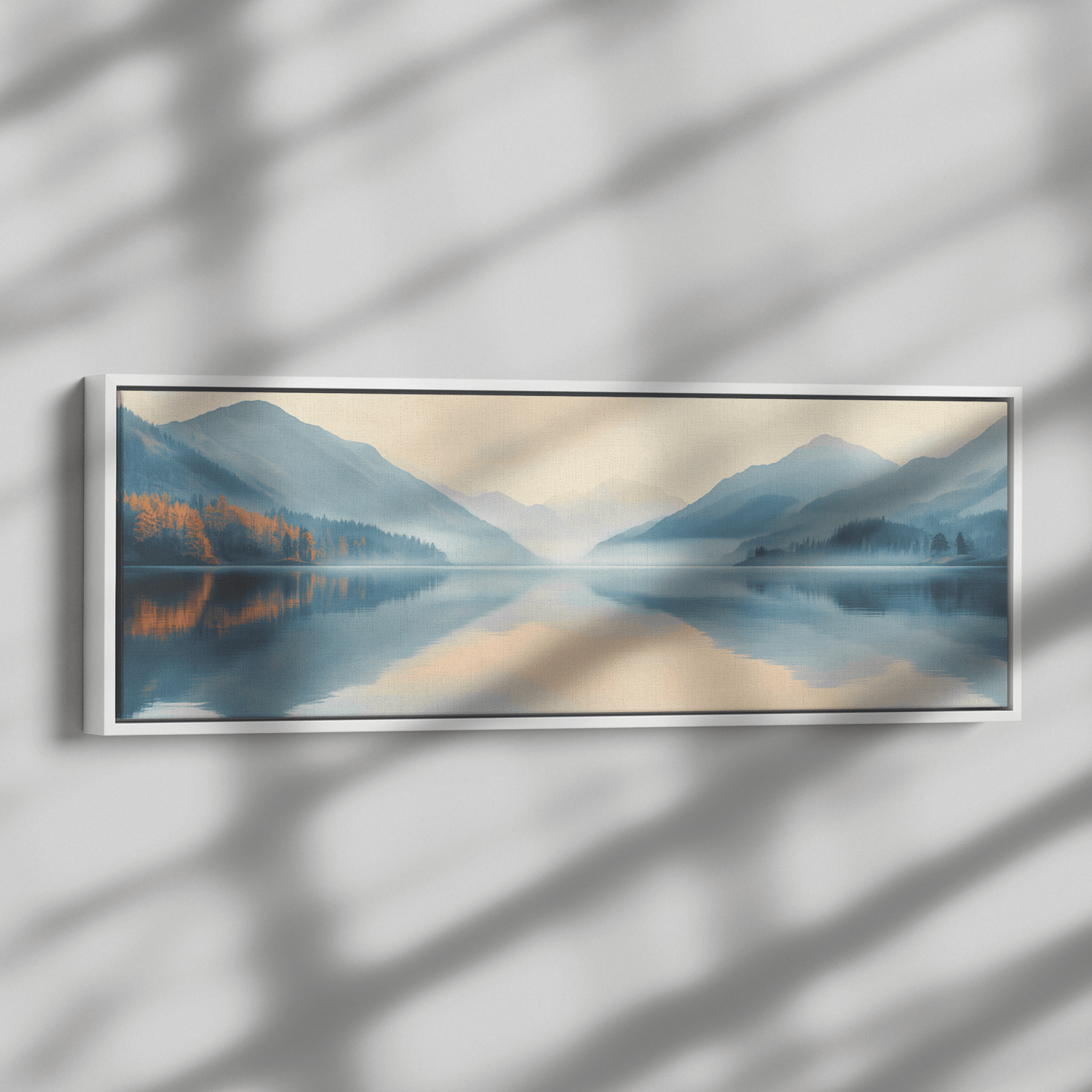 Calm Lake Scene Soft Beige Hills Muted Reflections Ultra High Definition Minimalist Elegance Panoramic Framed Canvas Wall Art - Awakening Righteousness