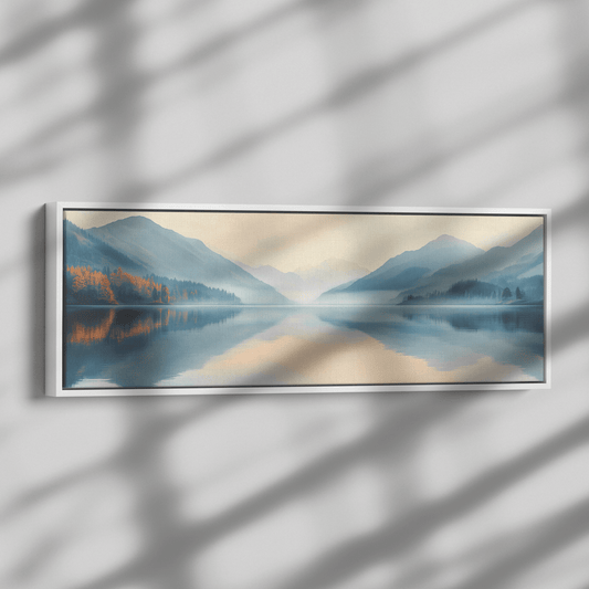 Calm Lake Scene Soft Beige Hills Muted Reflections Ultra High Definition Minimalist Elegance Panoramic Framed Canvas Wall Art - Awakening Righteousness