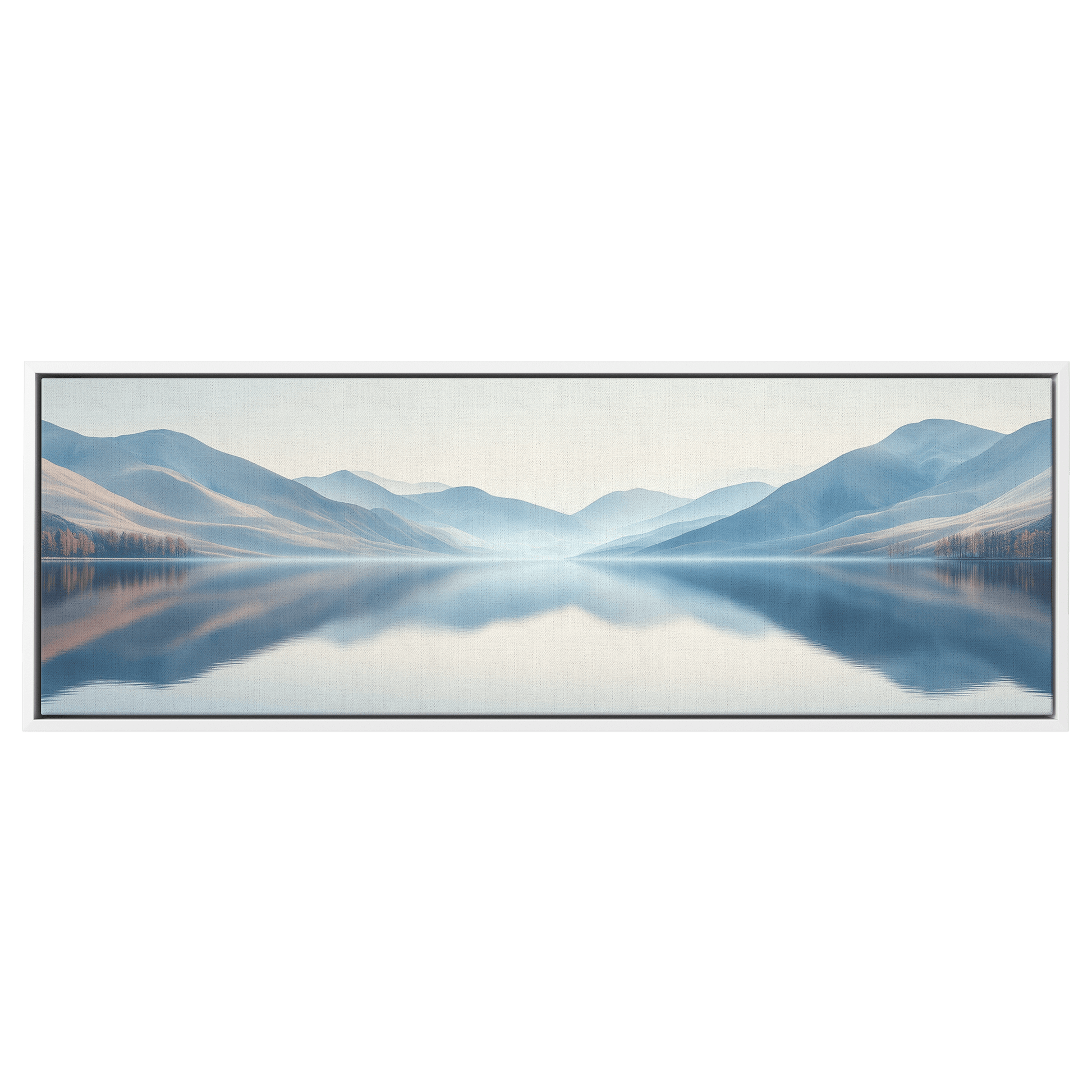 Calm Lake Scene Soft Beige Hills Muted Reflections Ultra High Definition Minimalist Elegance Panoramic Framed Canvas Wall Art - Awakening Righteousness