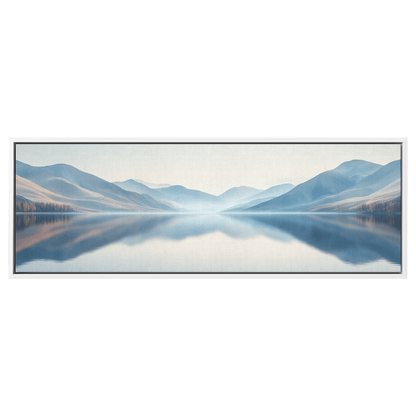 Calm Lake Scene Soft Beige Hills Muted Reflections Ultra High Definition Minimalist Elegance Panoramic Framed Canvas Wall Art - Awakening Righteousness