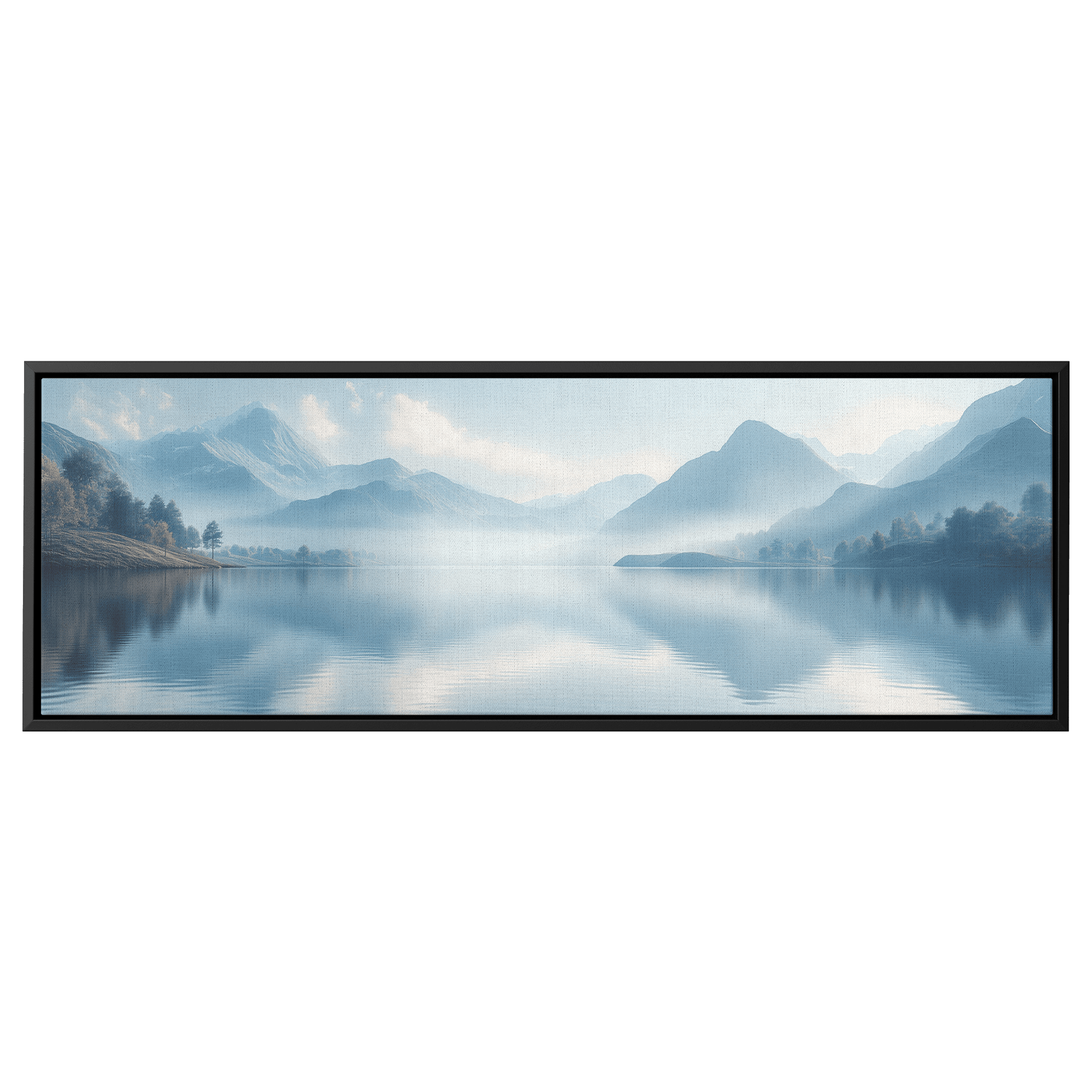 Calm Lake Scene Soft Beige Hills Muted Reflections Ultra High Definition Minimalist Elegance Panoramic Framed Canvas Wall Art - Awakening Righteousness
