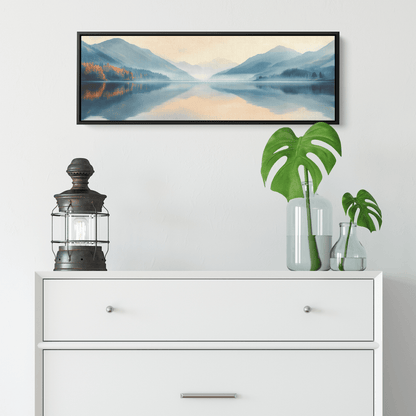 Calm Lake Scene Soft Beige Hills Muted Reflections Ultra High Definition Minimalist Elegance Panoramic Framed Canvas Wall Art - Awakening Righteousness