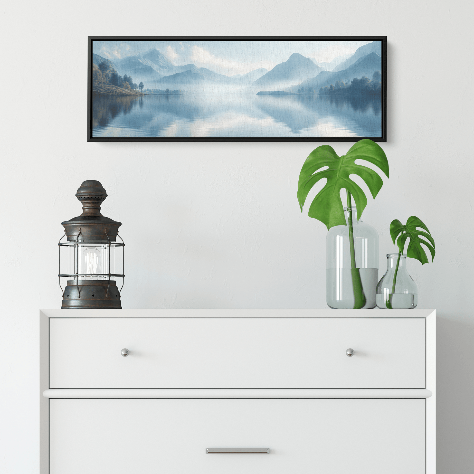 Calm Lake Scene Soft Beige Hills Muted Reflections Ultra High Definition Minimalist Elegance Panoramic Framed Canvas Wall Art - Awakening Righteousness