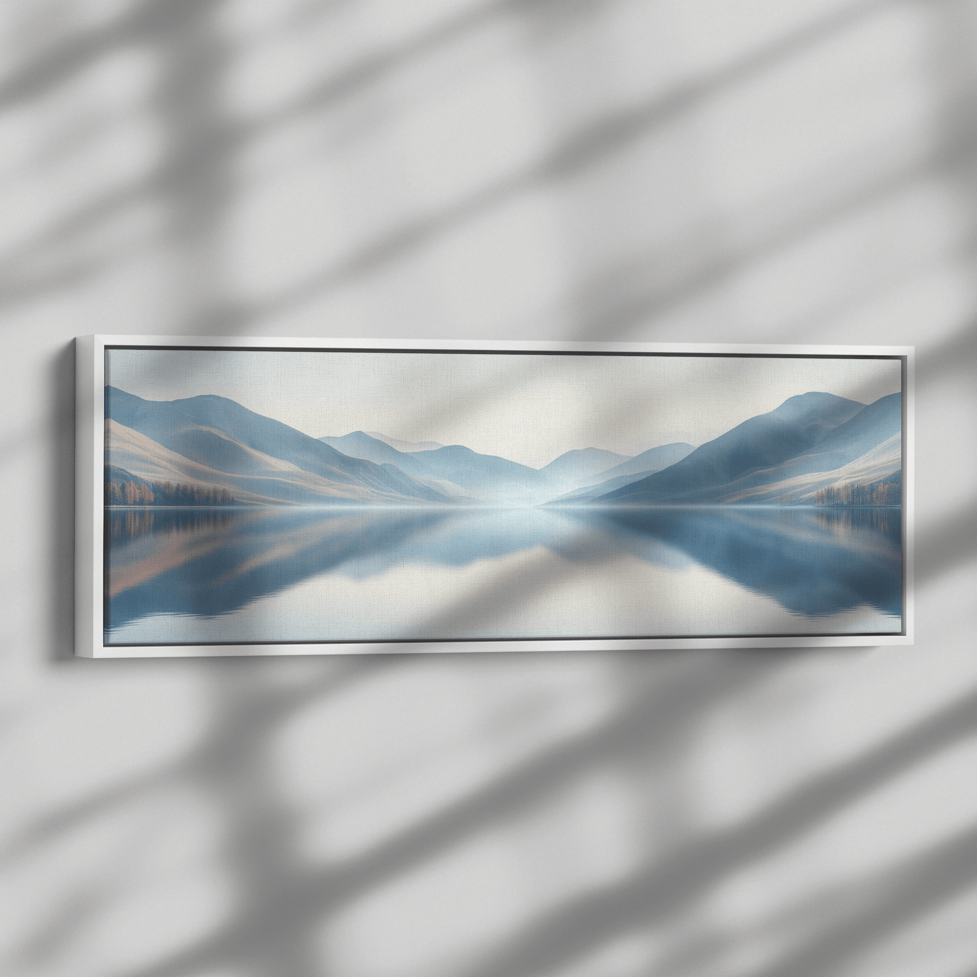 Calm Lake Scene Soft Beige Hills Muted Reflections Ultra High Definition Minimalist Elegance Panoramic Framed Canvas Wall Art - Awakening Righteousness