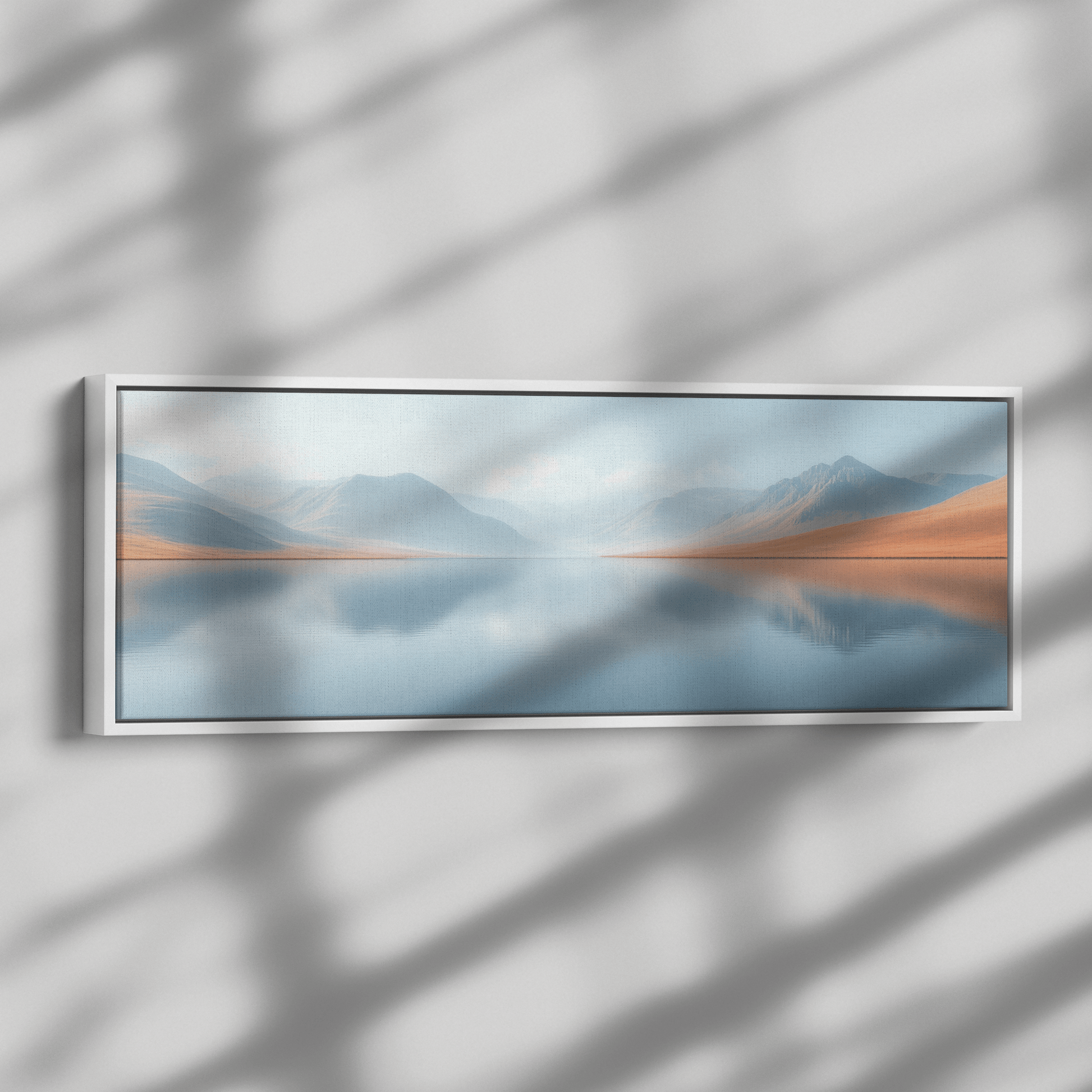 Calm Lake Soft Beige Hills Muted Reflections Minimalist Elegance Ultra High Definition Panoramic Framed Canvas Wall Art - Awakening Righteousness