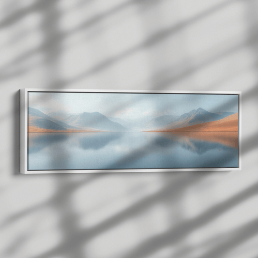 Calm Lake Soft Beige Hills Muted Reflections Minimalist Elegance Ultra High Definition Panoramic Framed Canvas Wall Art - Awakening Righteousness