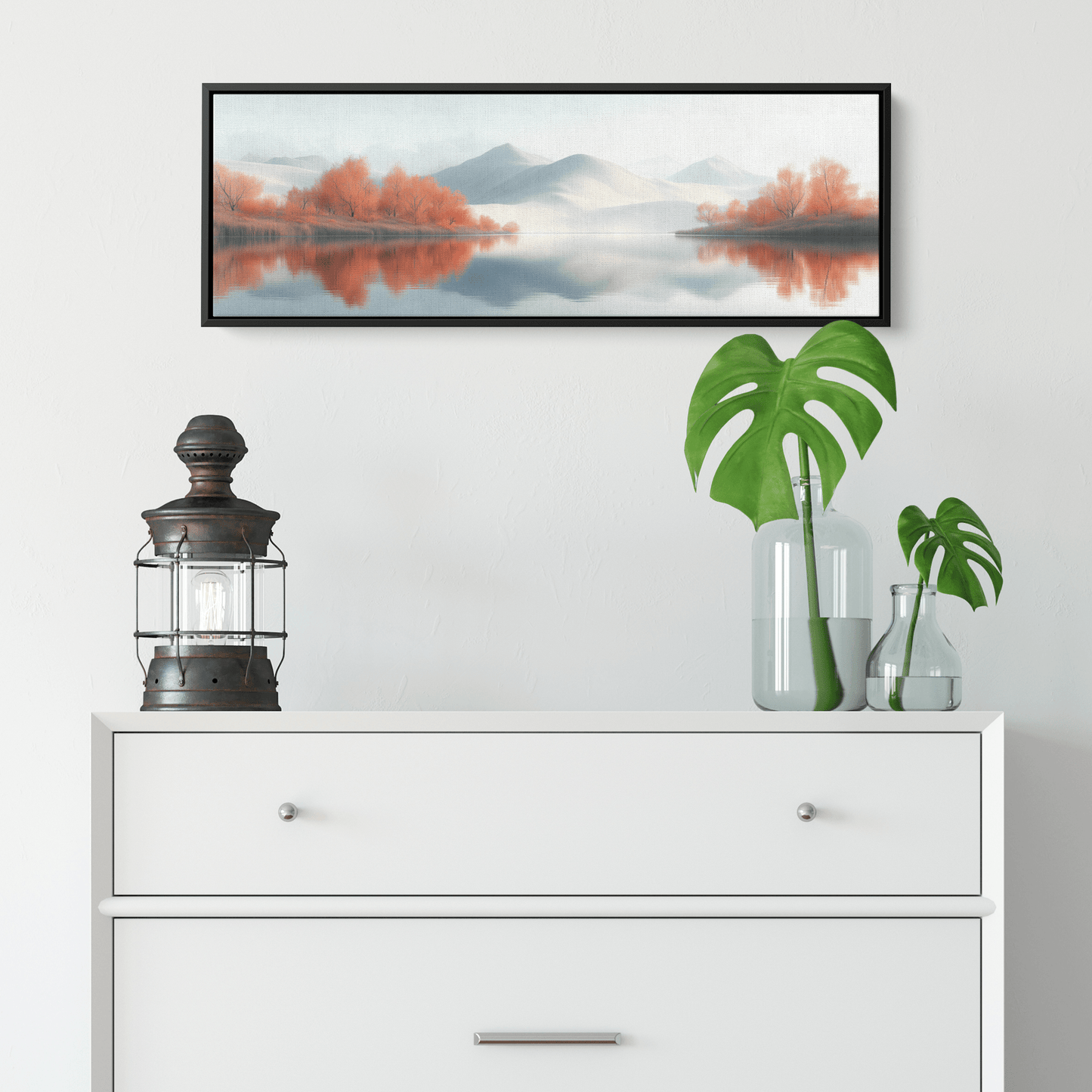 Calm Lake Soft Beige Hills Muted Reflections Minimalist Elegance Ultra High Definition Panoramic Framed Canvas Wall Art - Awakening Righteousness