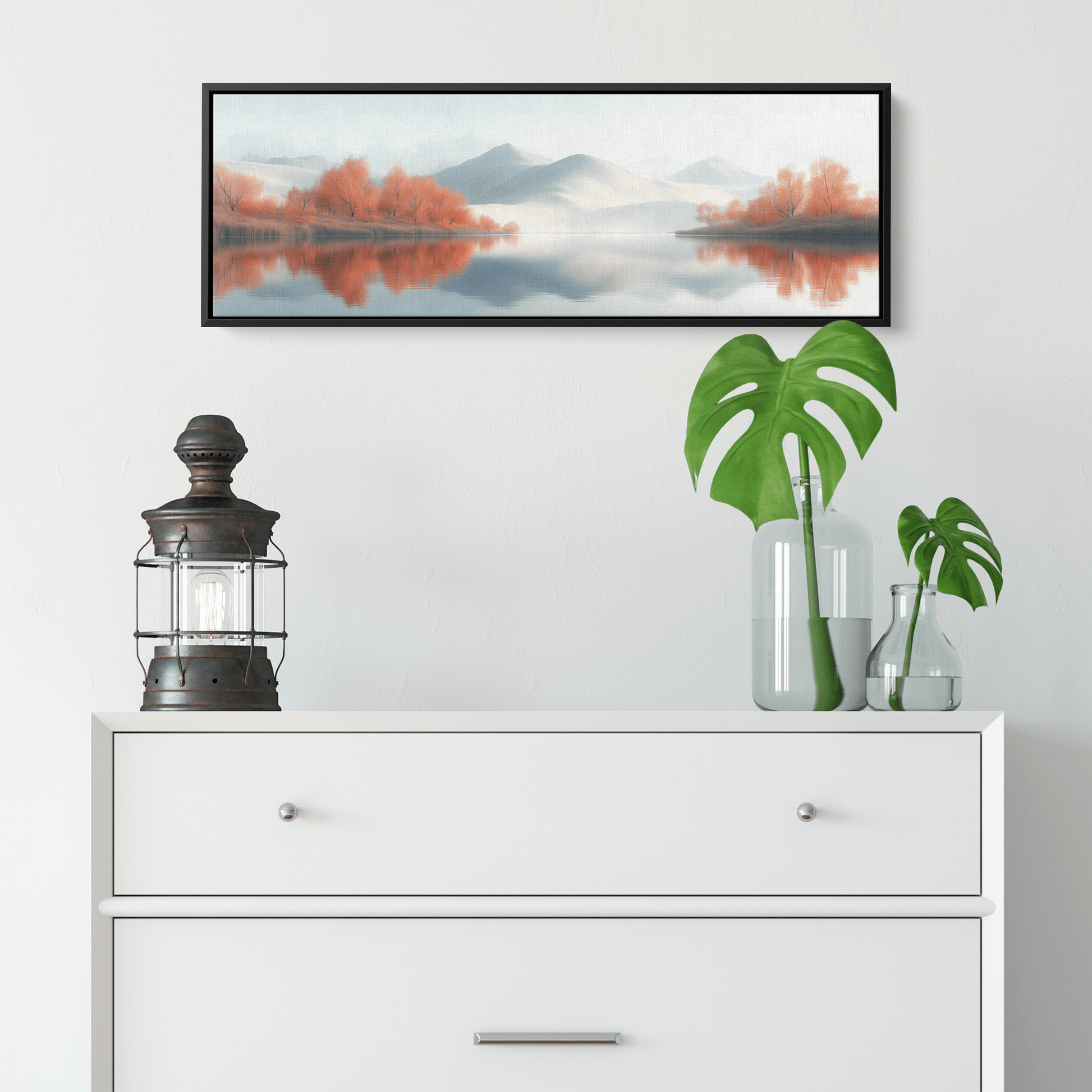 Calm Lake Soft Beige Hills Muted Reflections Minimalist Elegance Ultra High Definition Panoramic Framed Canvas Wall Art - Awakening Righteousness