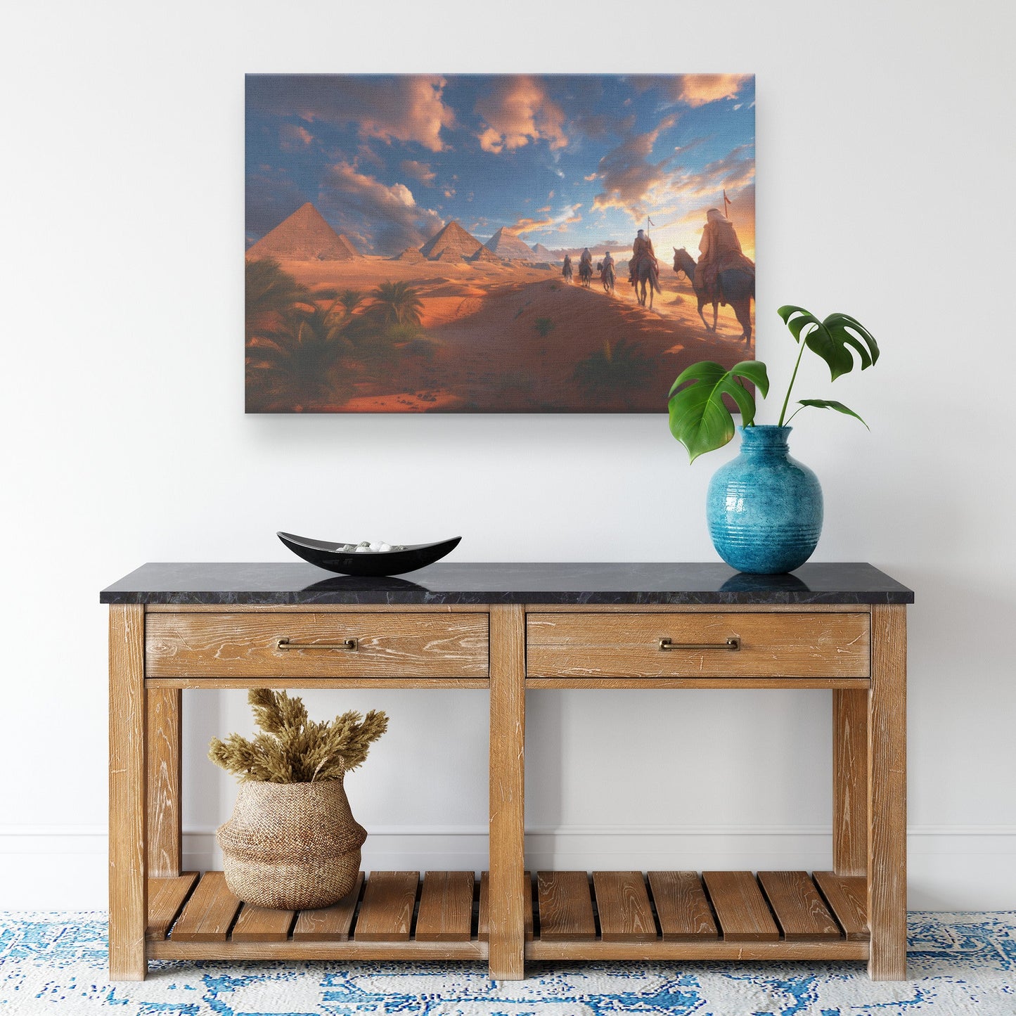 Camel Caravan Journey at Sunset with Pyramids in Desert Canvas Wall Art Decor - Awakening Righteousness