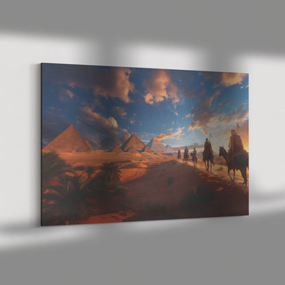 Camel Caravan Journey at Sunset with Pyramids in Desert Canvas Wall Art Decor - Awakening Righteousness