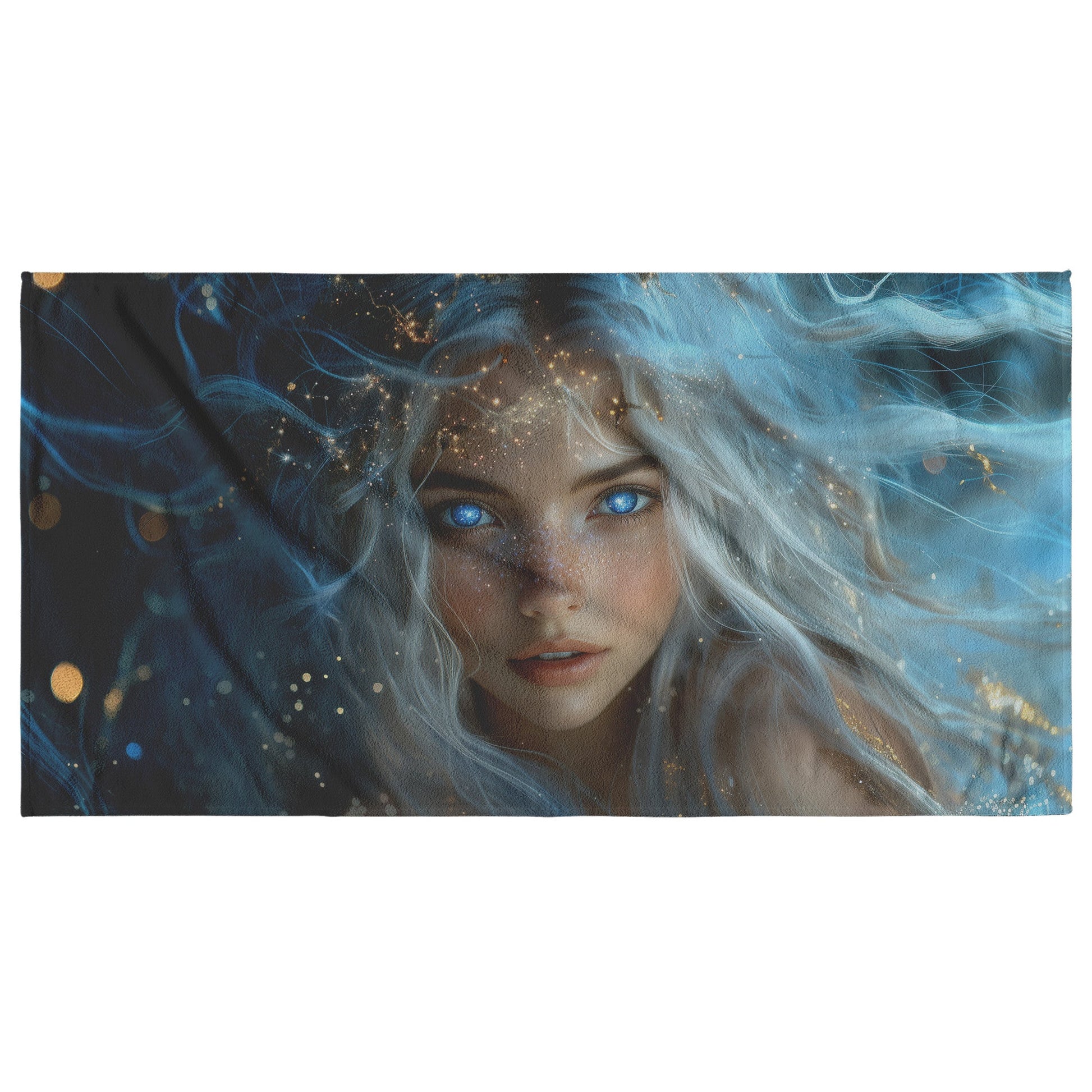 Celestial Goddess Glowing Star Crown Ethereal White Hair Galaxy Blue Eyes Gown of Stars Navy Skies Luminous Highlights - Awakening Righteousness