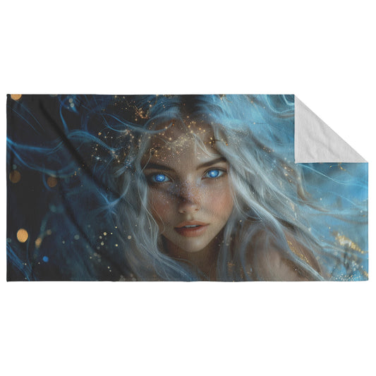 Celestial Goddess Glowing Star Crown Ethereal White Hair Galaxy Blue Eyes Gown of Stars Navy Skies Luminous Highlights - Awakening Righteousness