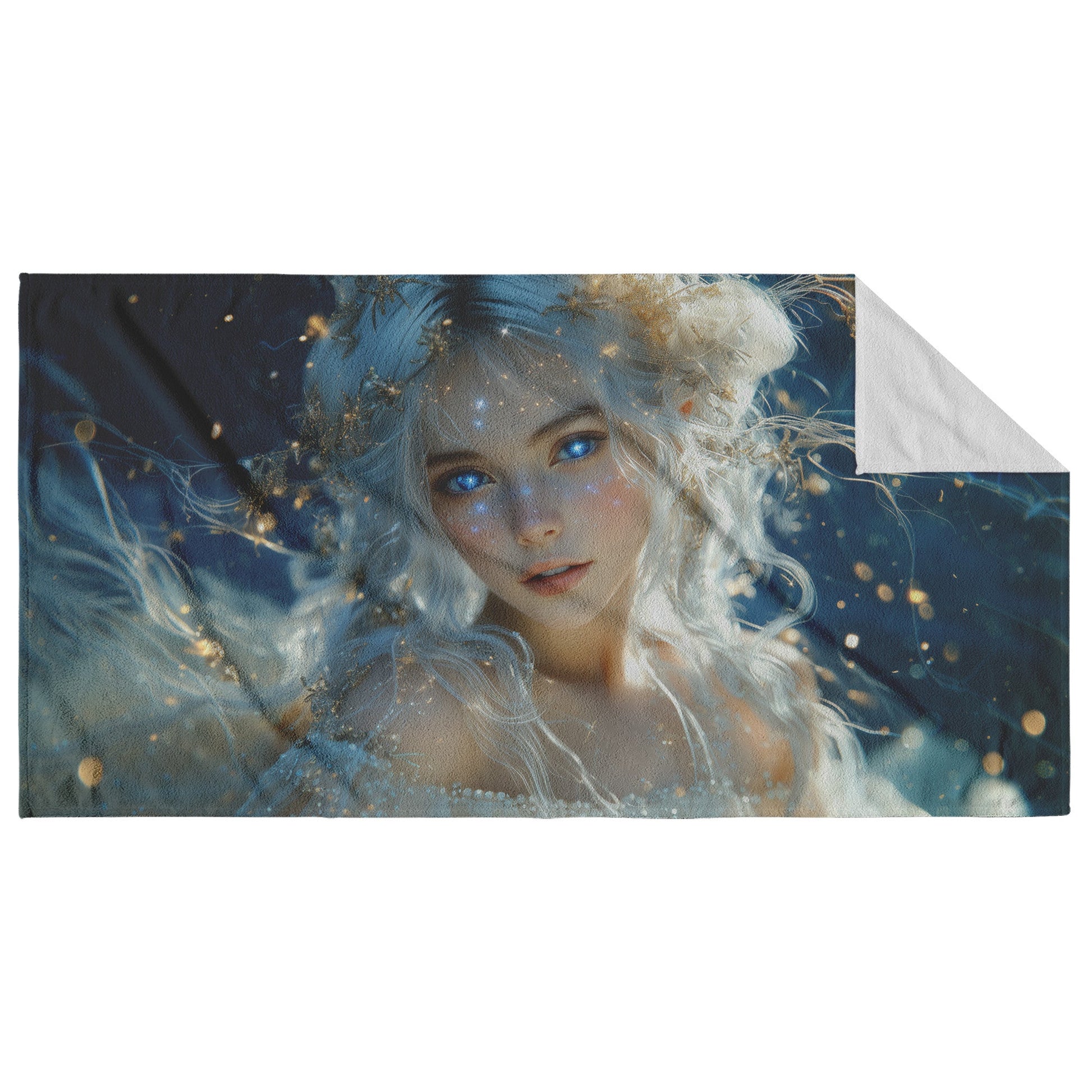 Celestial Goddess Glowing Star Crown Ethereal White Hair Galaxy Blue Eyes Gown of Stars Navy Skies Luminous Highlights - Awakening Righteousness