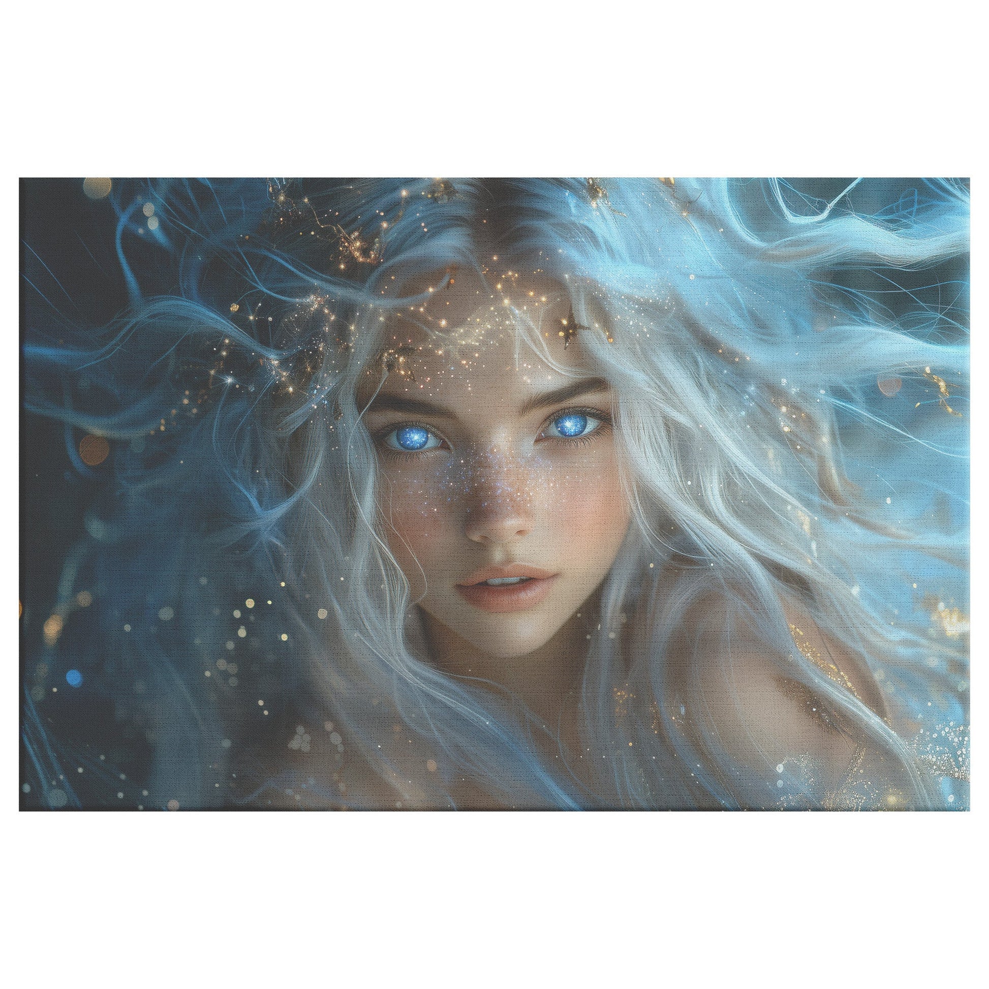 Celestial Goddess Star Crown Ethereal White Hair Galaxy Eyes Gown of Stars Luminous Navy Sky Canvas Wall Art - Awakening Righteousness