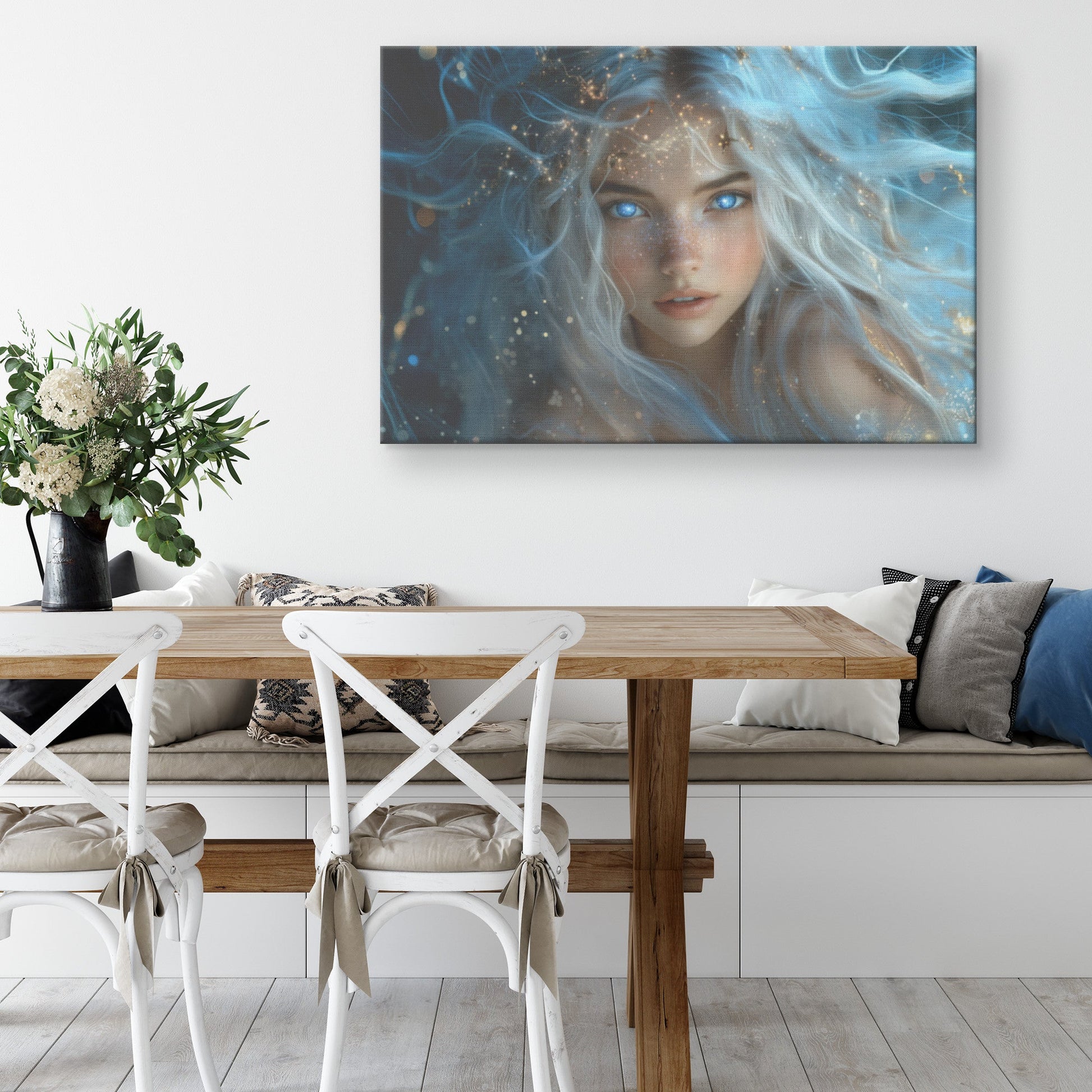 Celestial Goddess Star Crown Ethereal White Hair Galaxy Eyes Gown of Stars Luminous Navy Sky Canvas Wall Art - Awakening Righteousness