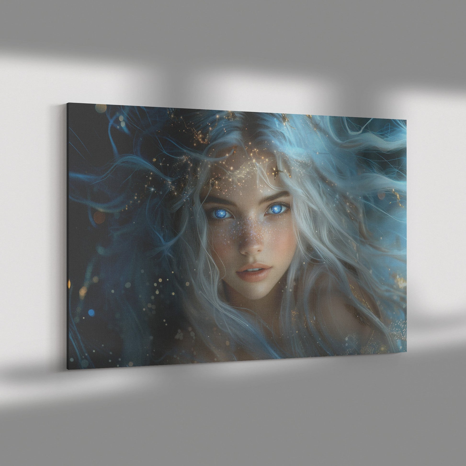 Celestial Goddess Star Crown Ethereal White Hair Galaxy Eyes Gown of Stars Luminous Navy Sky Canvas Wall Art - Awakening Righteousness