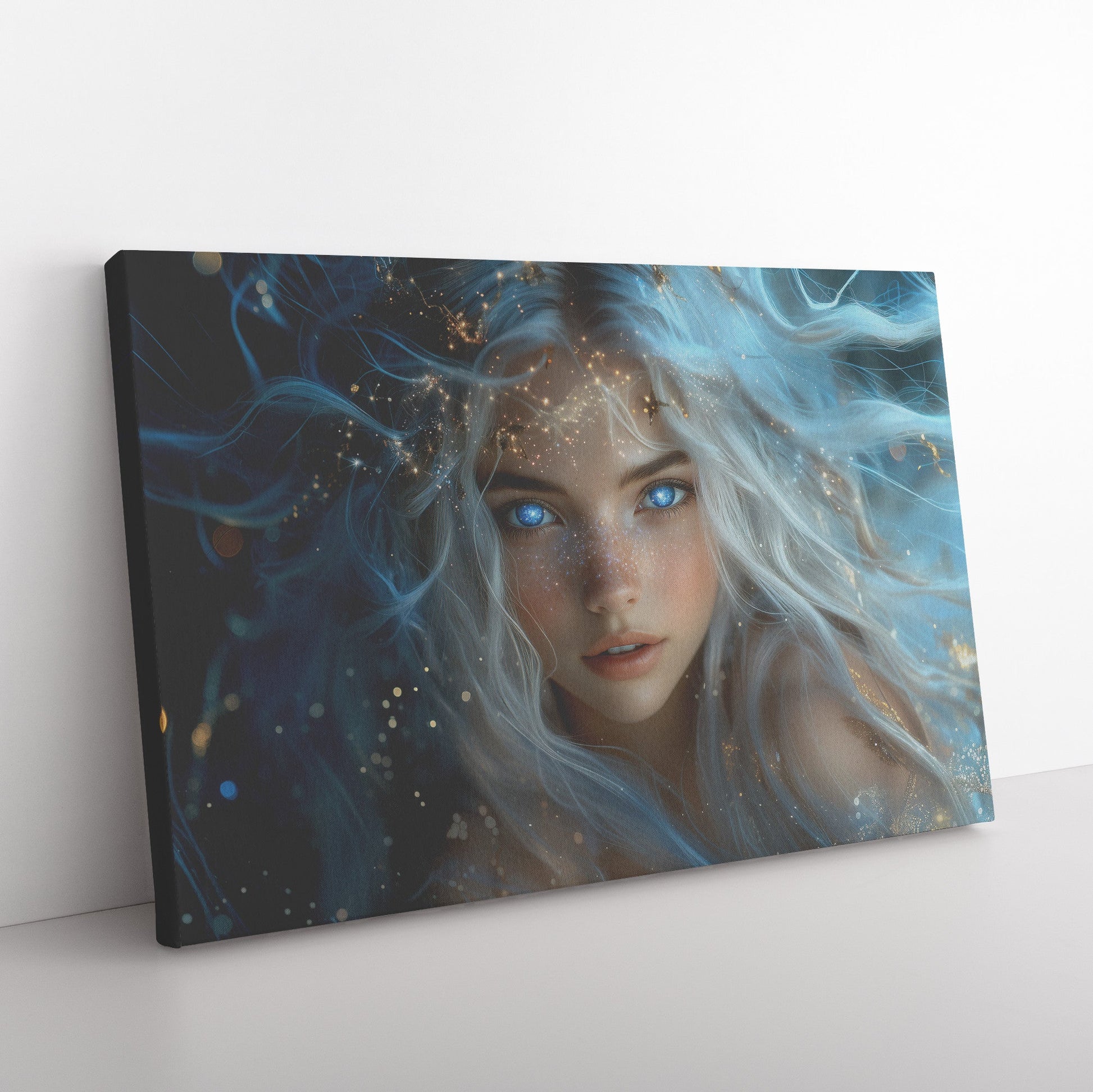 Celestial Goddess Star Crown Ethereal White Hair Galaxy Eyes Gown of Stars Luminous Navy Sky Canvas Wall Art - Awakening Righteousness