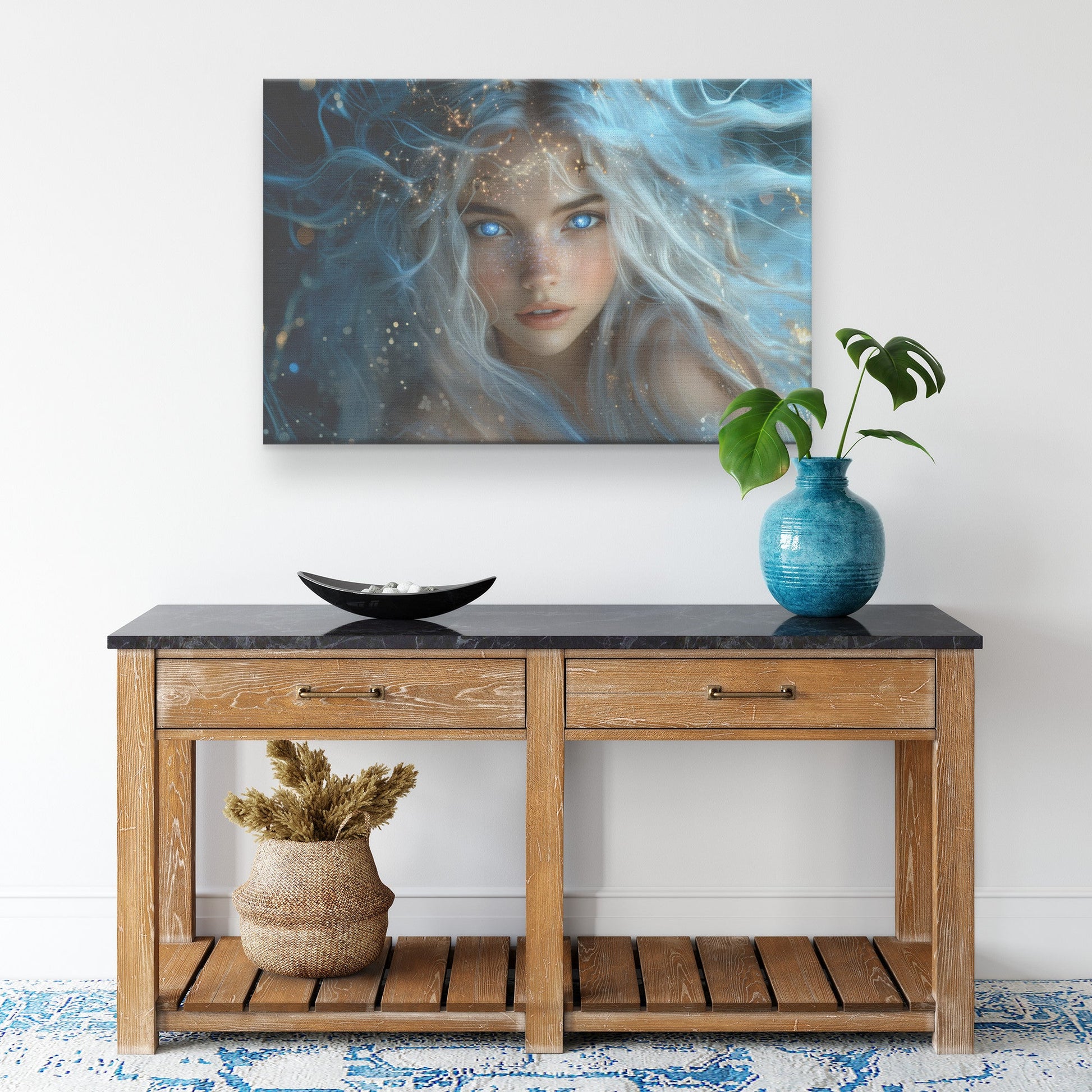 Celestial Goddess Star Crown Ethereal White Hair Galaxy Eyes Gown of Stars Luminous Navy Sky Canvas Wall Art - Awakening Righteousness