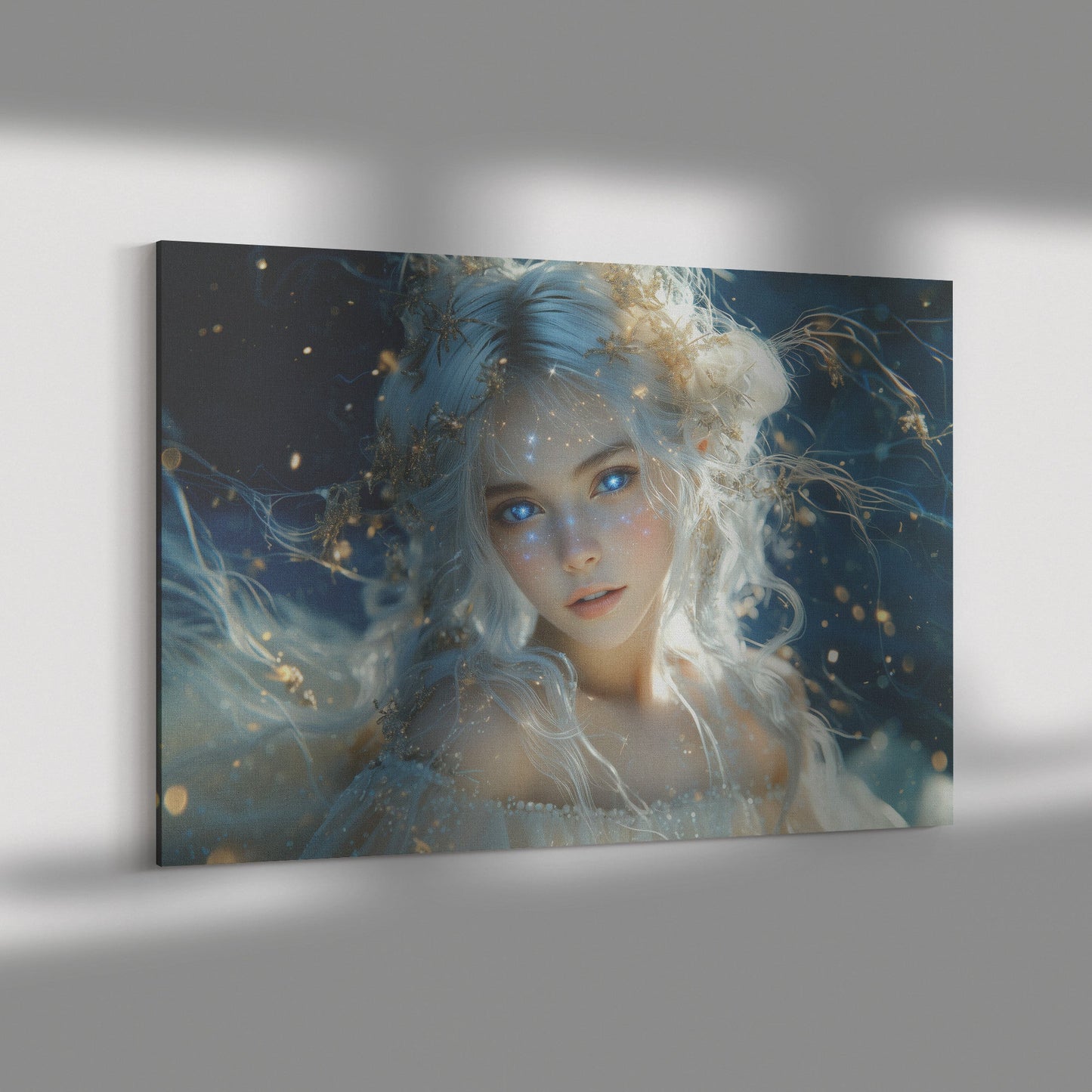 Celestial Goddess Star Crown White Hair Galaxy Eyes Starry Gown Navy Sky Luminous Highlights Canvas Wall Art - Awakening Righteousness