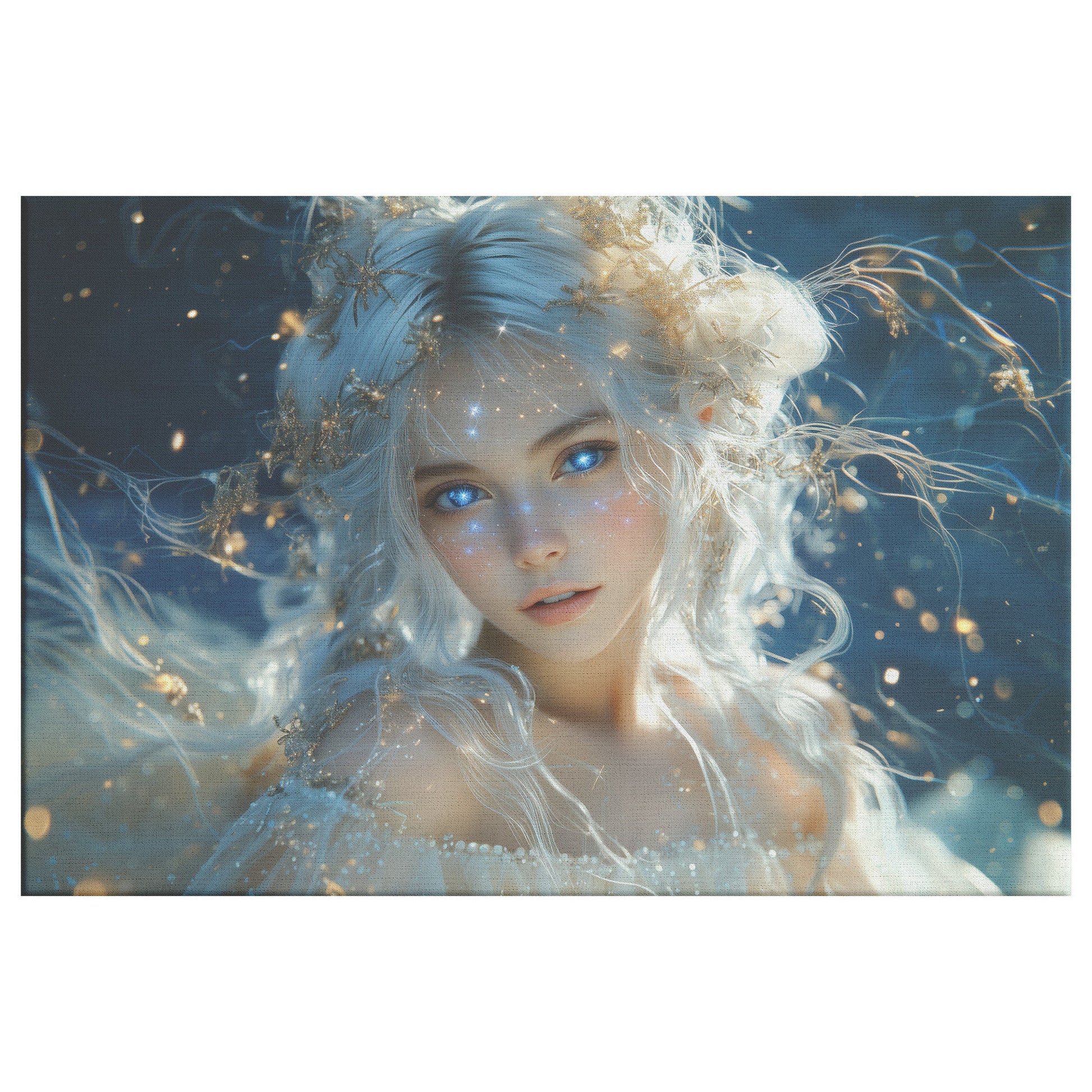 Celestial Goddess Star Crown White Hair Galaxy Eyes Starry Gown Navy Sky Luminous Highlights Canvas Wall Art - Awakening Righteousness