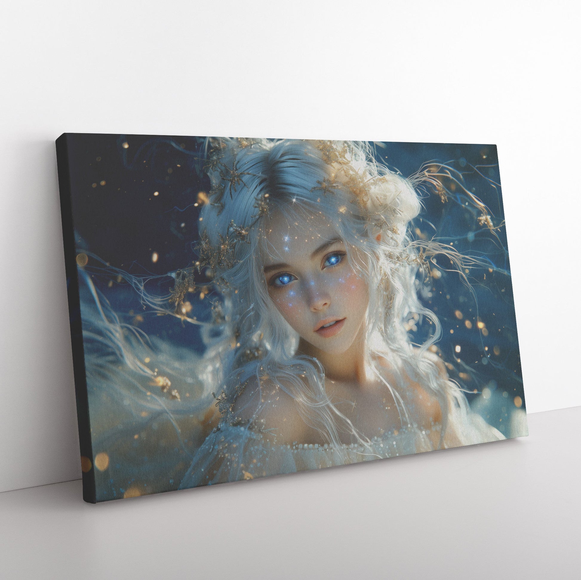 Celestial Goddess Star Crown White Hair Galaxy Eyes Starry Gown Navy Sky Luminous Highlights Canvas Wall Art - Awakening Righteousness
