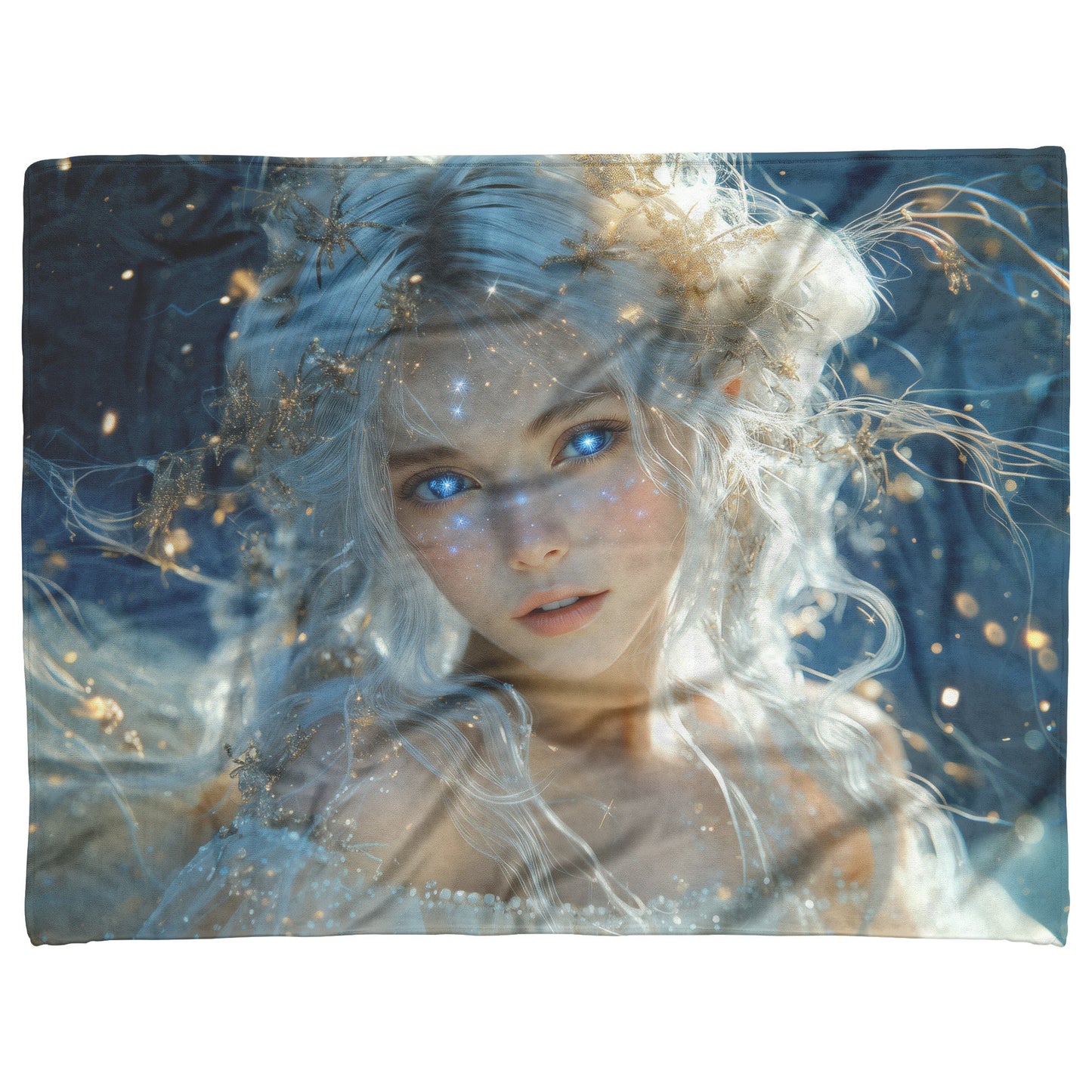 Celestial Goddess with Glowing Star Crown White Hair Galaxy Blue Eyes Starry Gown Navy Skies Fleece Sherpa Blanket - Awakening Righteousness