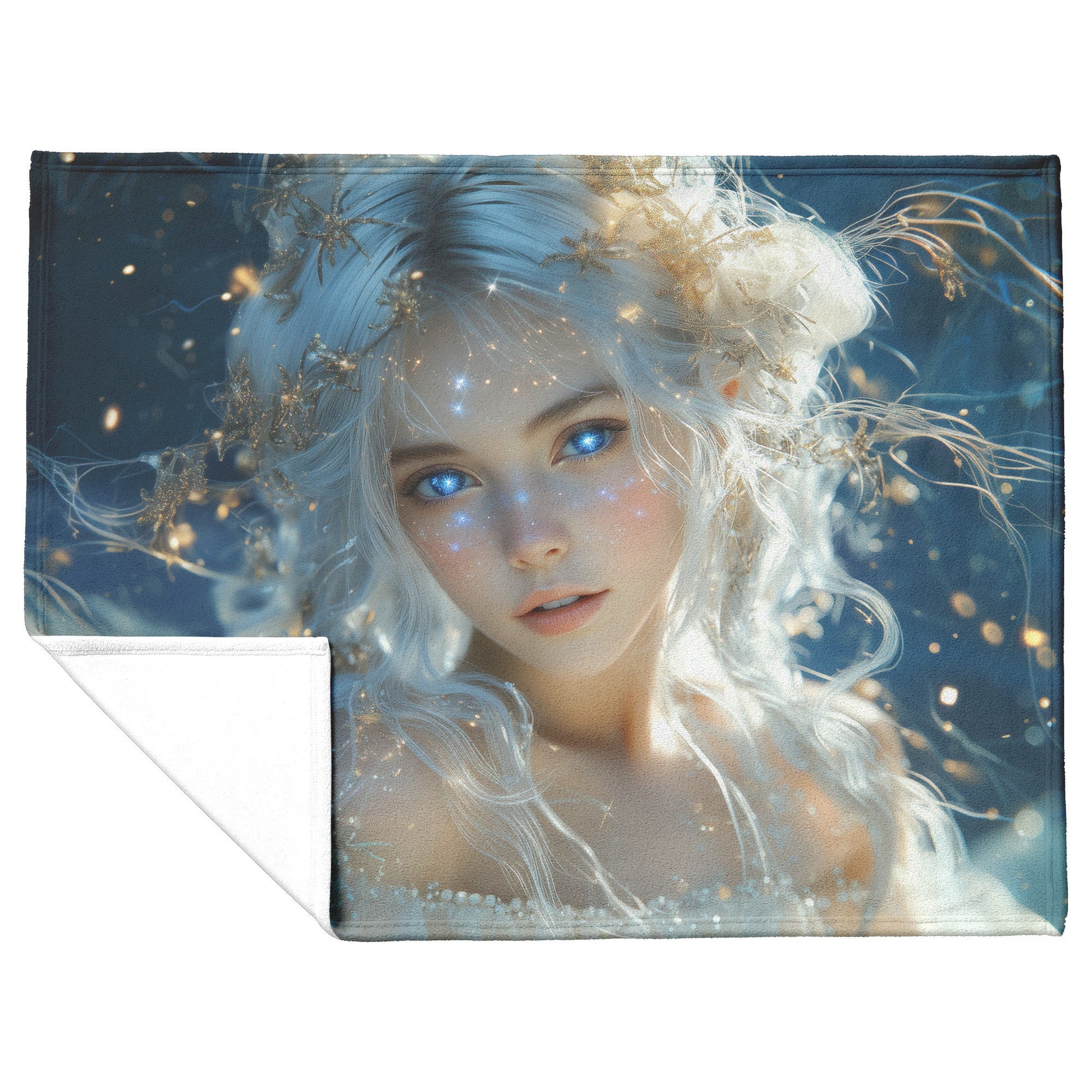 Celestial Goddess with Glowing Star Crown White Hair Galaxy Blue Eyes Starry Gown Navy Skies Fleece Sherpa Blanket - Awakening Righteousness