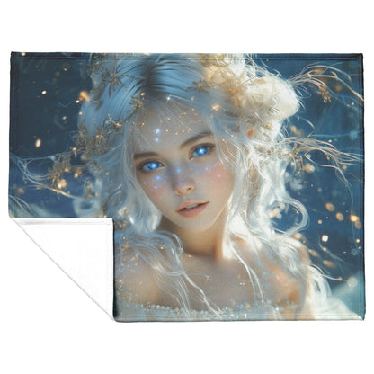 Celestial Goddess with Glowing Star Crown White Hair Galaxy Blue Eyes Starry Gown Navy Skies Fleece Sherpa Blanket - Awakening Righteousness