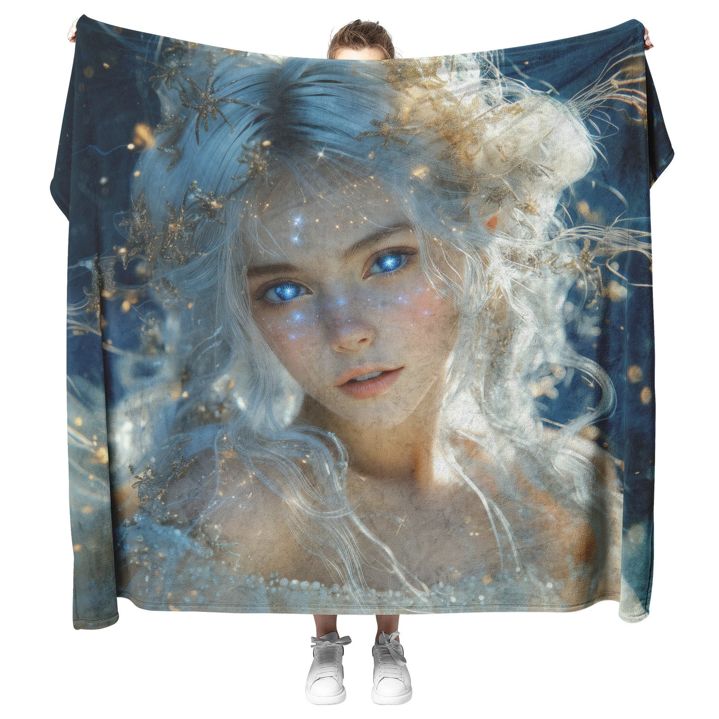 Celestial Goddess with Glowing Star Crown White Hair Galaxy Blue Eyes Starry Gown Navy Skies Fleece Sherpa Blanket - Awakening Righteousness