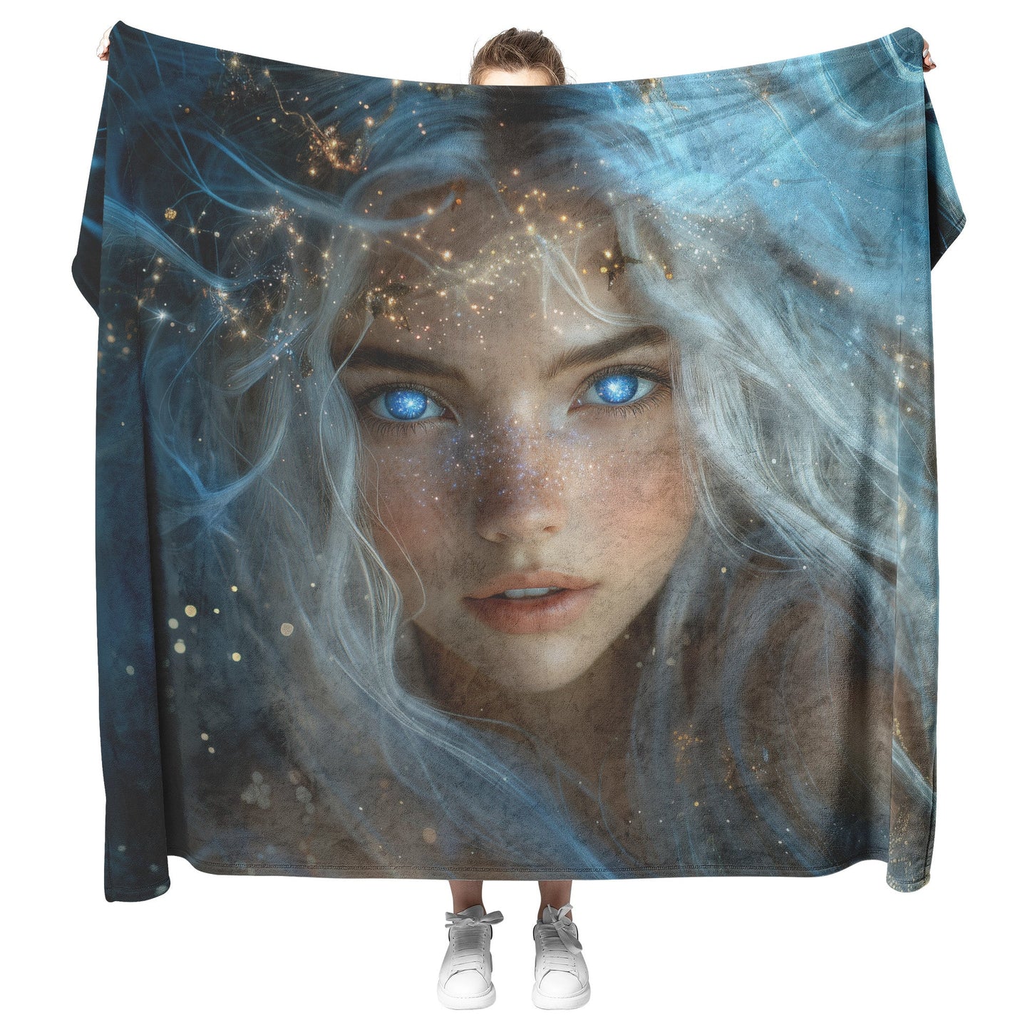 Celestial Goddess with Glowing Star Crown White Hair Galaxy Blue Eyes Starry Gown Navy Skies Fleece Sherpa Blanket - Awakening Righteousness