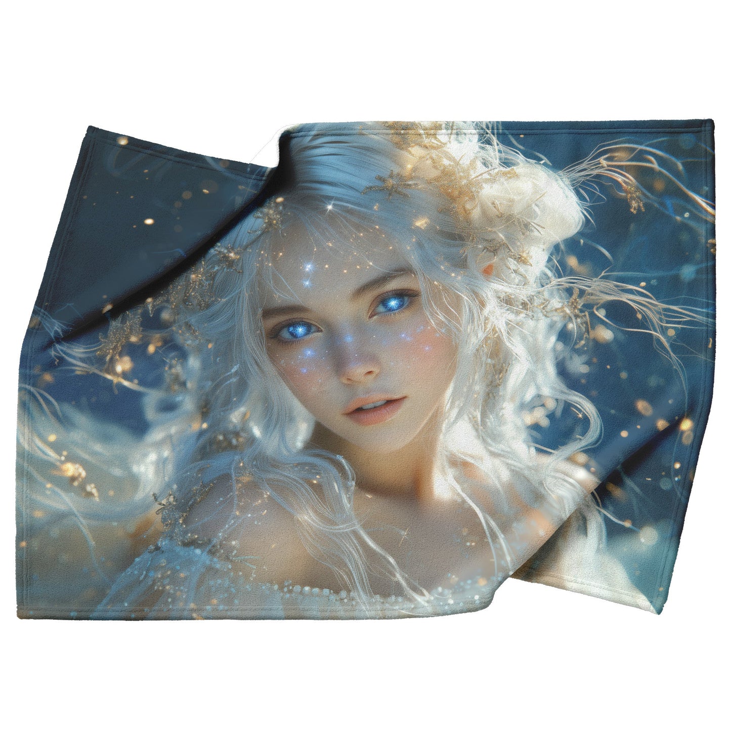 Celestial Goddess with Glowing Star Crown White Hair Galaxy Blue Eyes Starry Gown Navy Skies Fleece Sherpa Blanket - Awakening Righteousness