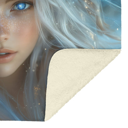 Celestial Goddess with Glowing Star Crown White Hair Galaxy Blue Eyes Starry Gown Navy Skies Fleece Sherpa Blanket - Awakening Righteousness