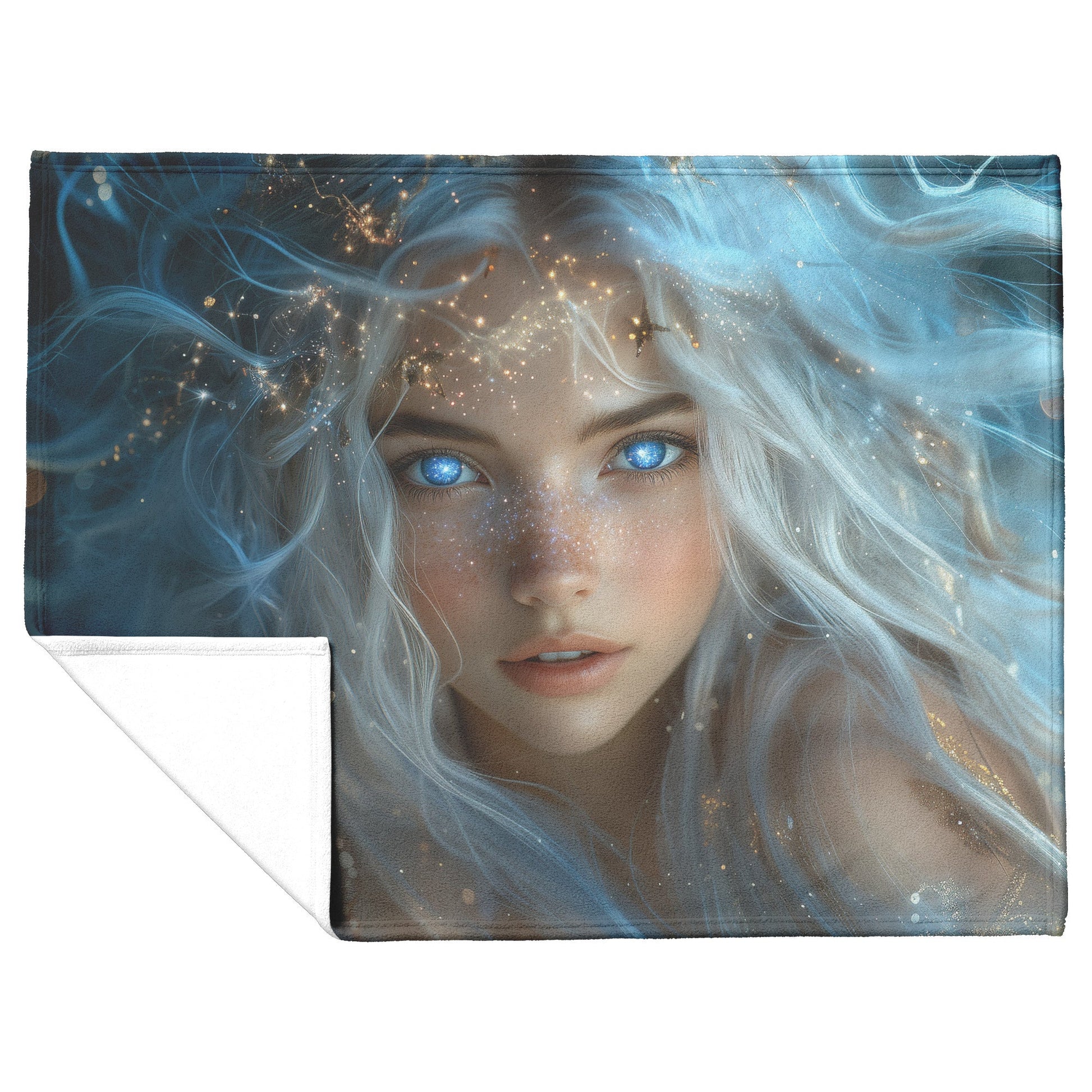 Celestial Goddess with Glowing Star Crown White Hair Galaxy Blue Eyes Starry Gown Navy Skies Fleece Sherpa Blanket - Awakening Righteousness