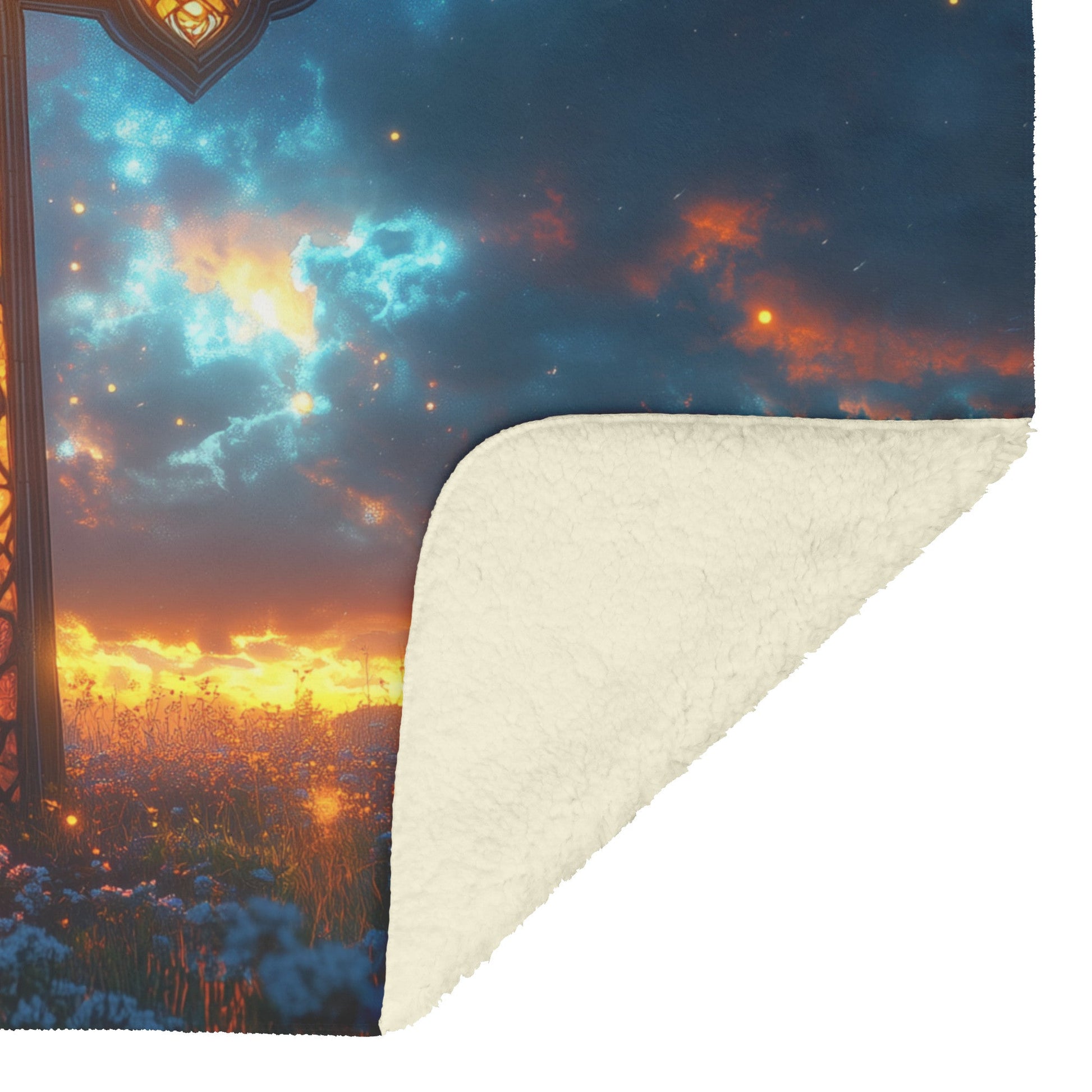 Celtic Cross Radiant Sunset Fleece Sherpa Blanket Christian Art Cozy Inspirational Home Decor Gift - Awakening Righteousness