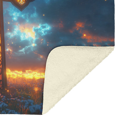 Celtic Cross Radiant Sunset Fleece Sherpa Blanket Christian Art Cozy Inspirational Home Decor Gift - Awakening Righteousness