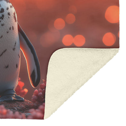 Charming Penguin on Red Flowers Cozy Sherpa Fleece Blanket with Golden Sunset - Awakening Righteousness