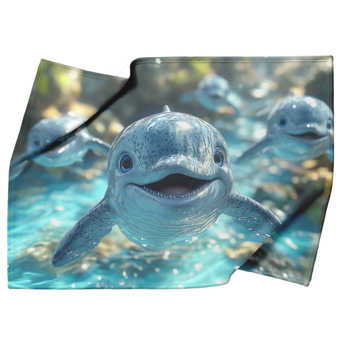 Cheerful Cute  Baby Dolphins Swimming Cozy Fleece Sherpa Blanket - Awakening Righteousness