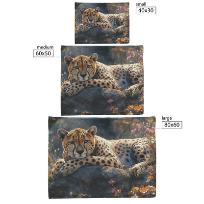 Cheetah Lounging on Rock Surrounded by Vibrant Grass and Blooming Flowers Cozy Sherpa Blanket - Awakening Righteousness