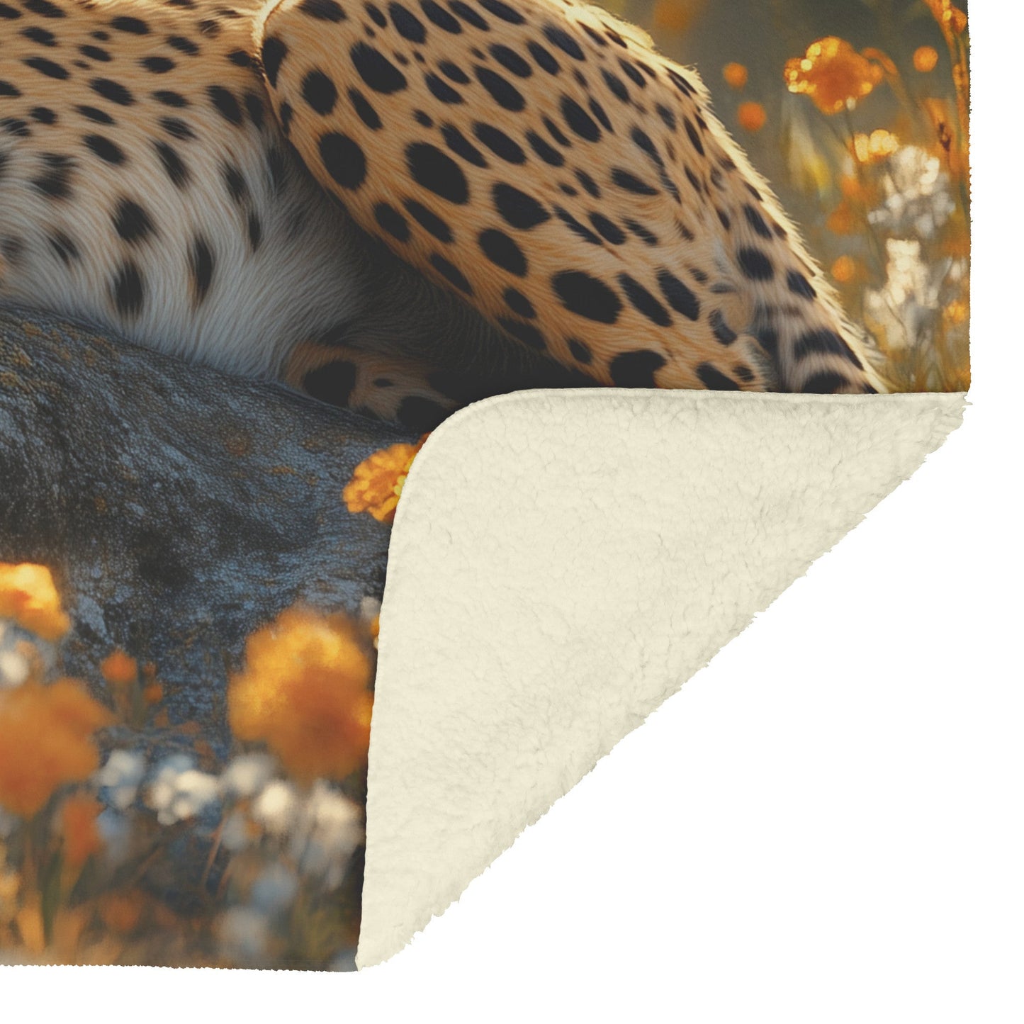 Cheetah Lounging on Rock Surrounded by Vibrant Grass Blooming Flowers Intricate Fur Textures Cozy Sherpa Blanket - Awakening Righteousness