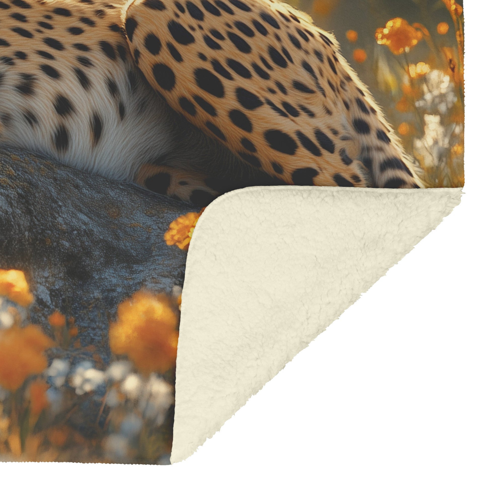 Cheetah Lounging on Rock Surrounded by Vibrant Grass Blooming Flowers Intricate Fur Textures Cozy Sherpa Blanket - Awakening Righteousness