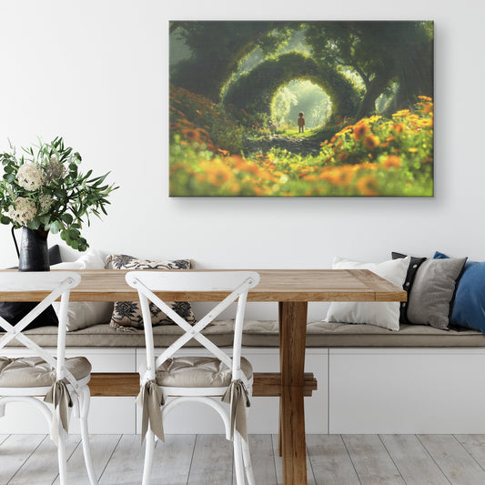 Child Exploring Magical Garden Pathway in Lush Forest Canvas Wall Art Decor - Awakening Righteousness