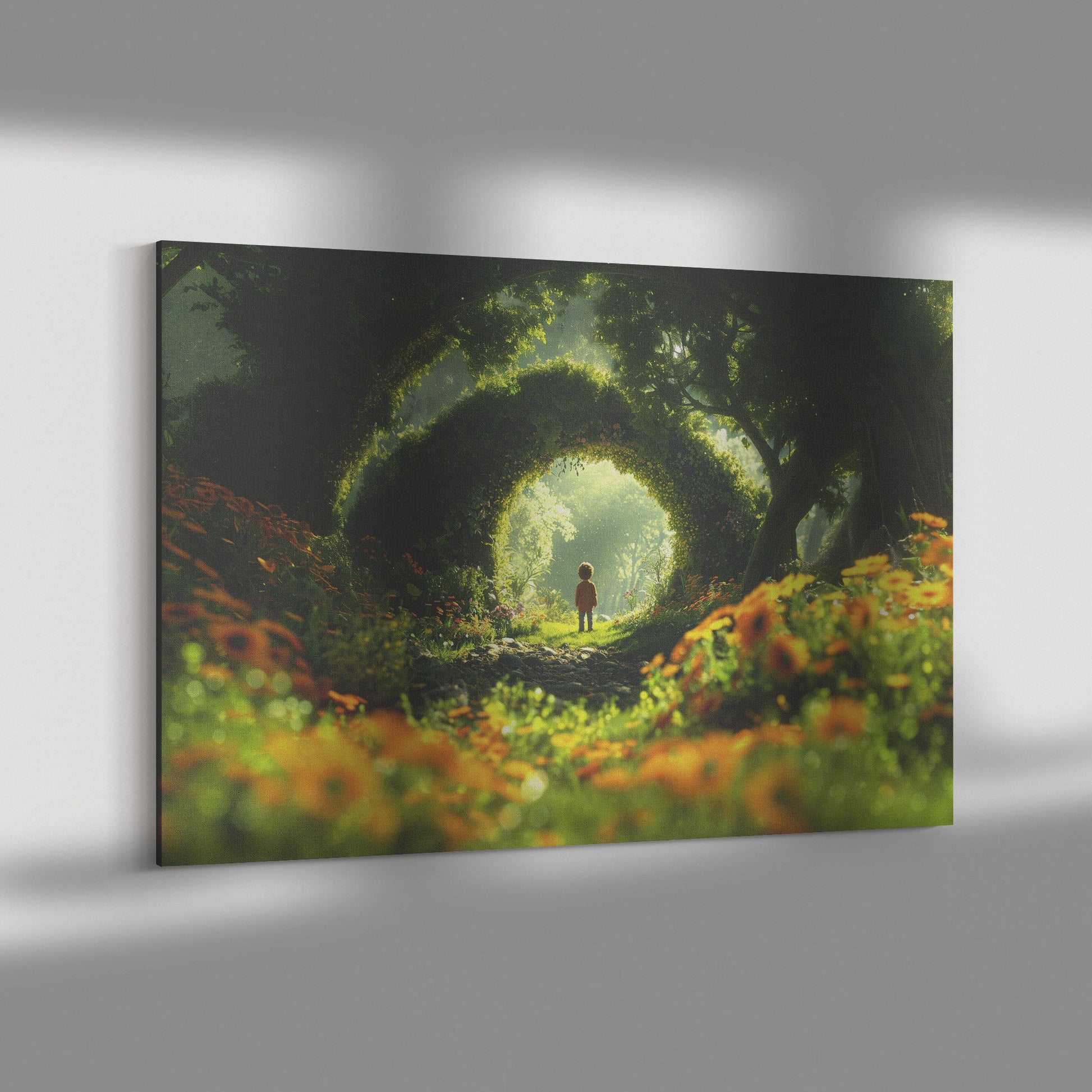 Child Exploring Magical Garden Pathway in Lush Forest Canvas Wall Art Decor - Awakening Righteousness