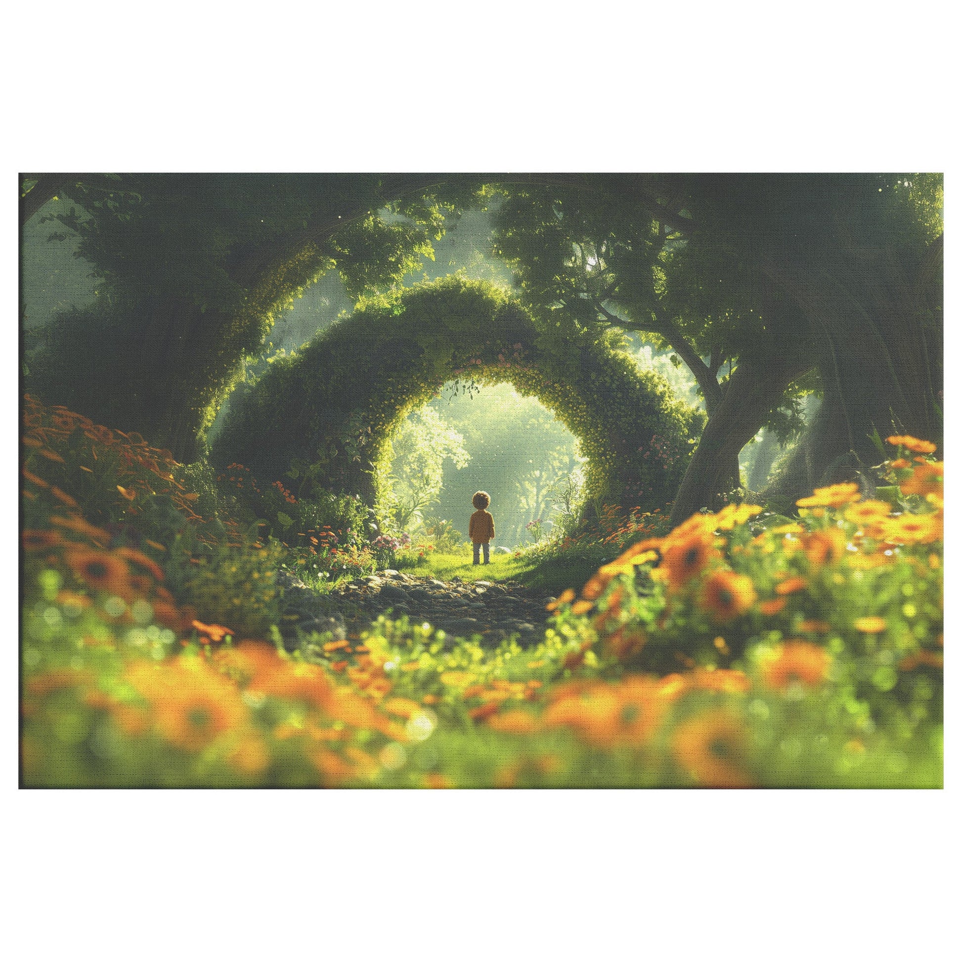 Child Exploring Magical Garden Pathway in Lush Forest Canvas Wall Art Decor - Awakening Righteousness
