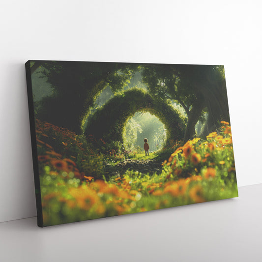 Child Exploring Magical Garden Pathway in Lush Forest Canvas Wall Art Decor - Awakening Righteousness